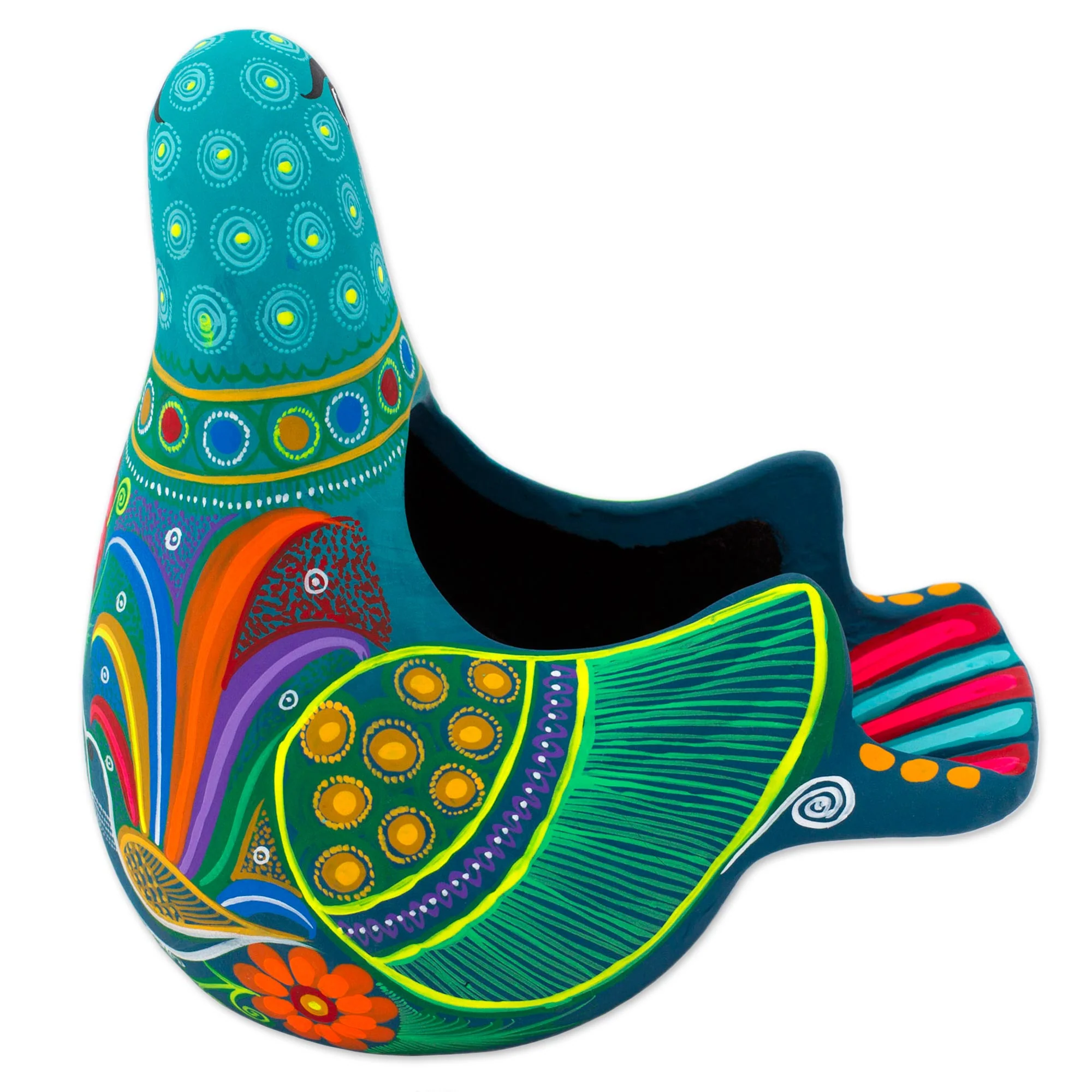 Teal Dove Ceramic Hand Painted Dove Sculpture Floral Motif from Mexico - Image 5