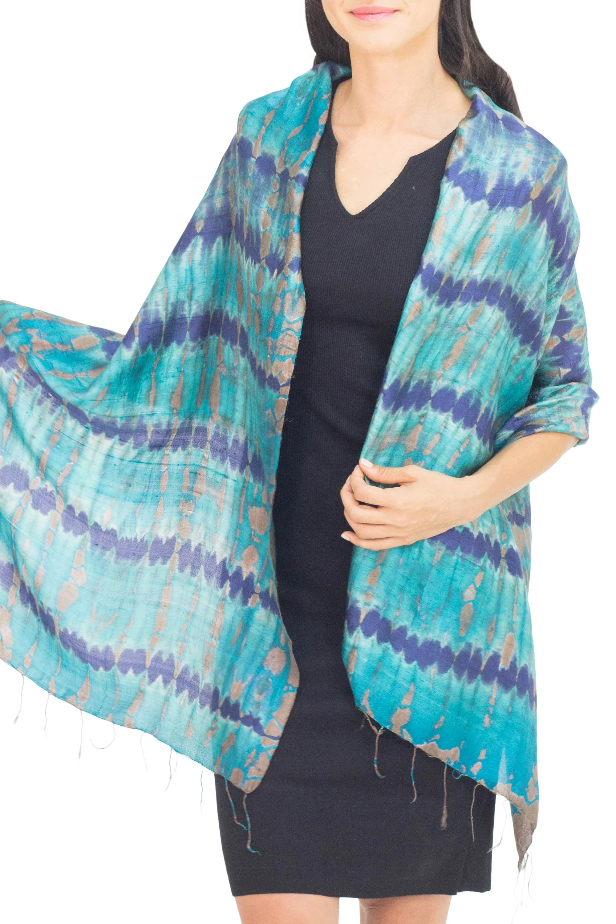 Teal Reflecting Pools Thai Artisan Crafted Teal and Blue Tie Dyed Silk Shawl - Image 2