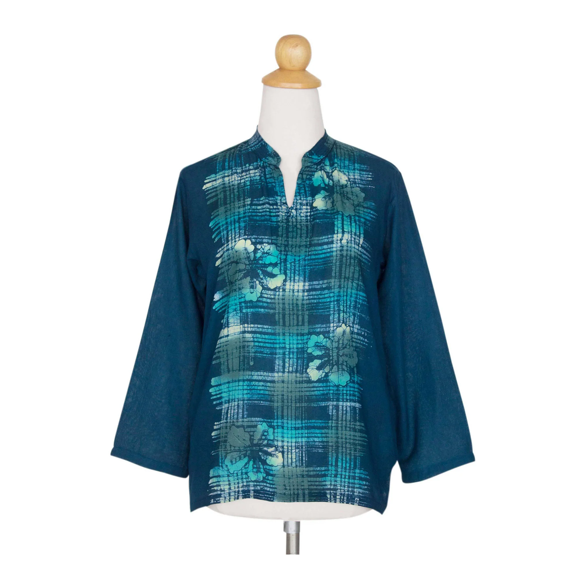 Teal Thai Hibiscus Cotton Batik Tunic - Image 3