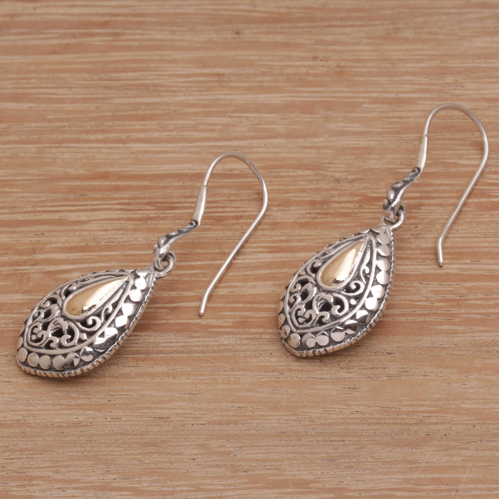 Teardrop Dew Hand Crafted Sterling Silver and 18K Gold Plated Earrings - Image 4