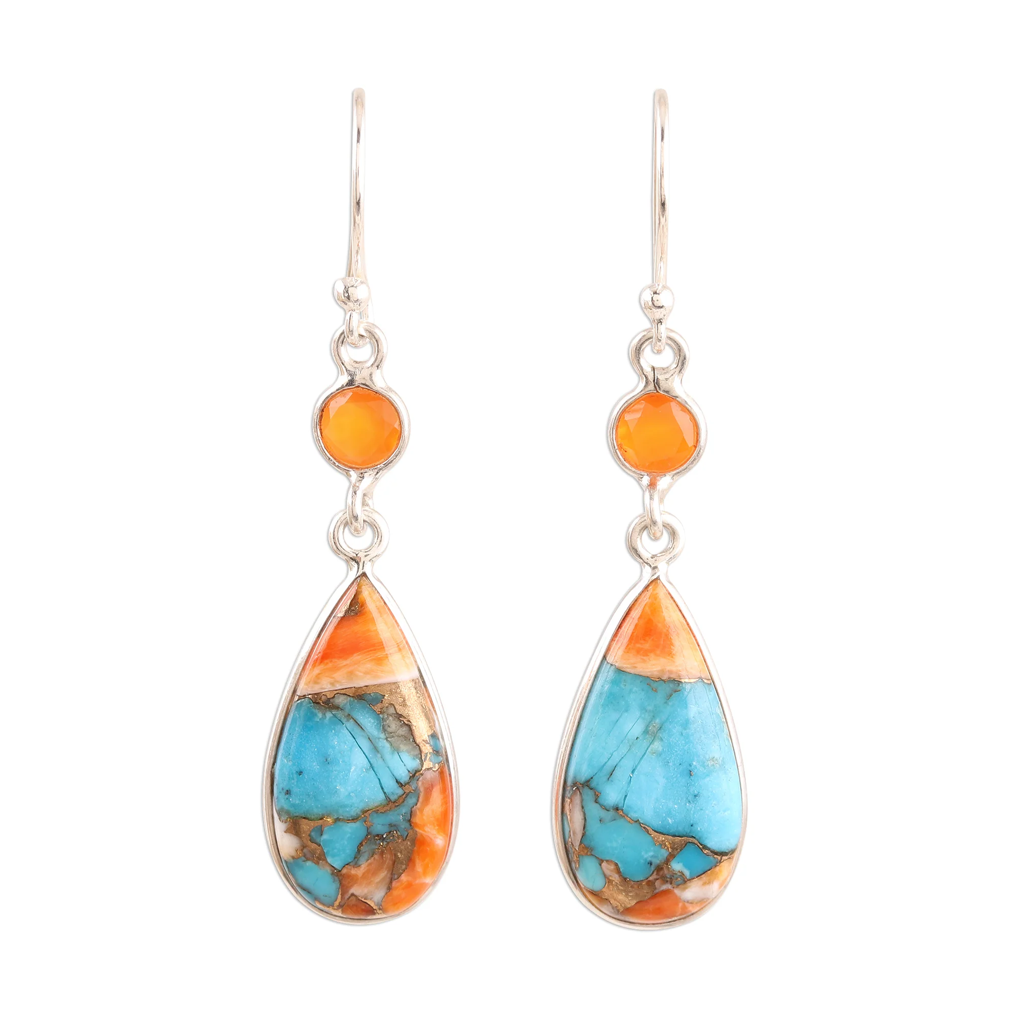 Teardrop Glamour Carnelian and Composite Turquoise Dangle Earrings from India - Image 2
