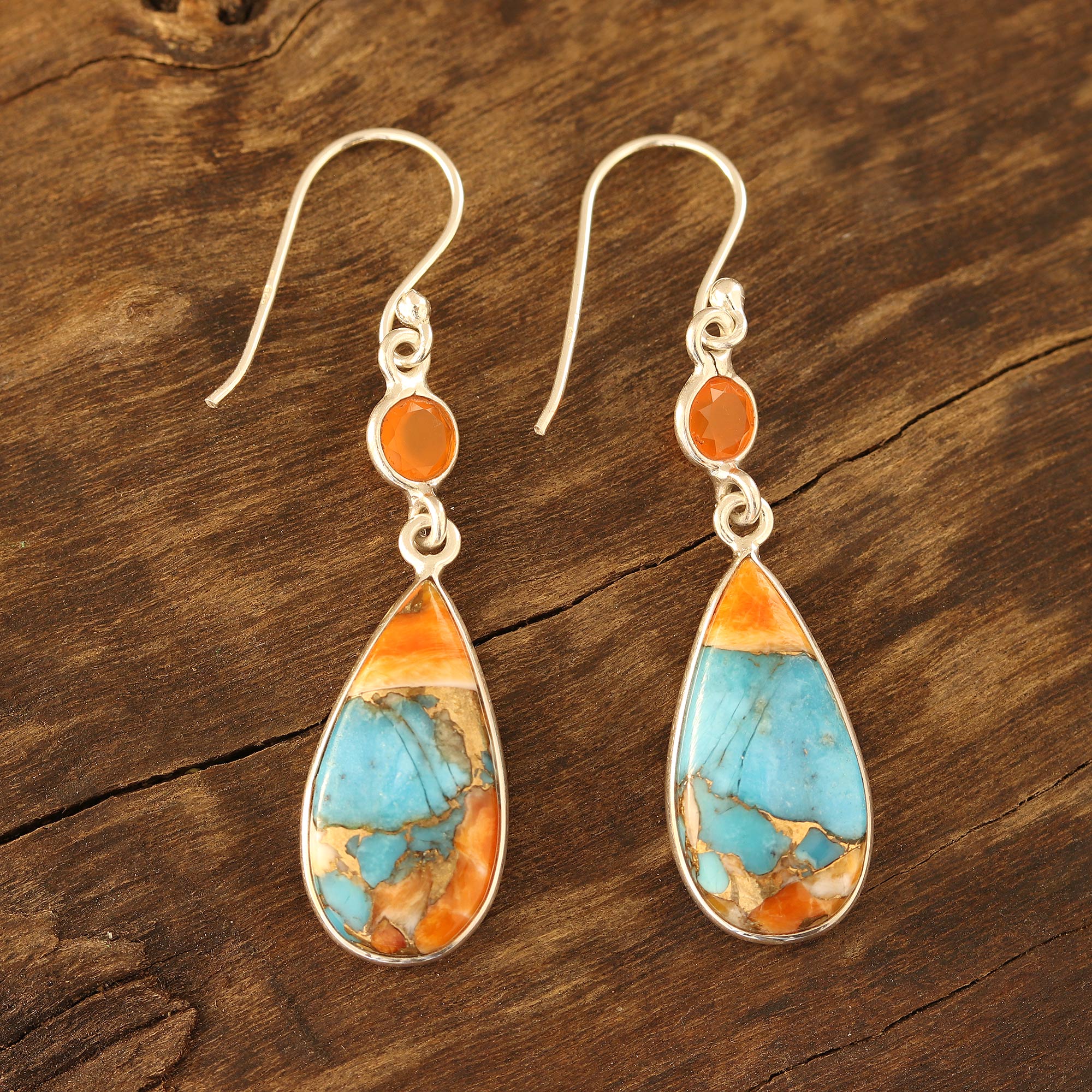 Teardrop Glamour Carnelian and Composite Turquoise Dangle Earrings from India - Image 3