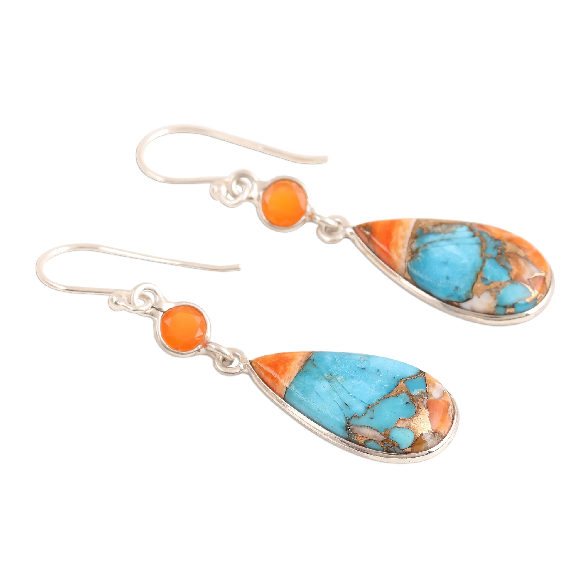Teardrop Glamour Carnelian and Composite Turquoise Dangle Earrings from India - Image 4