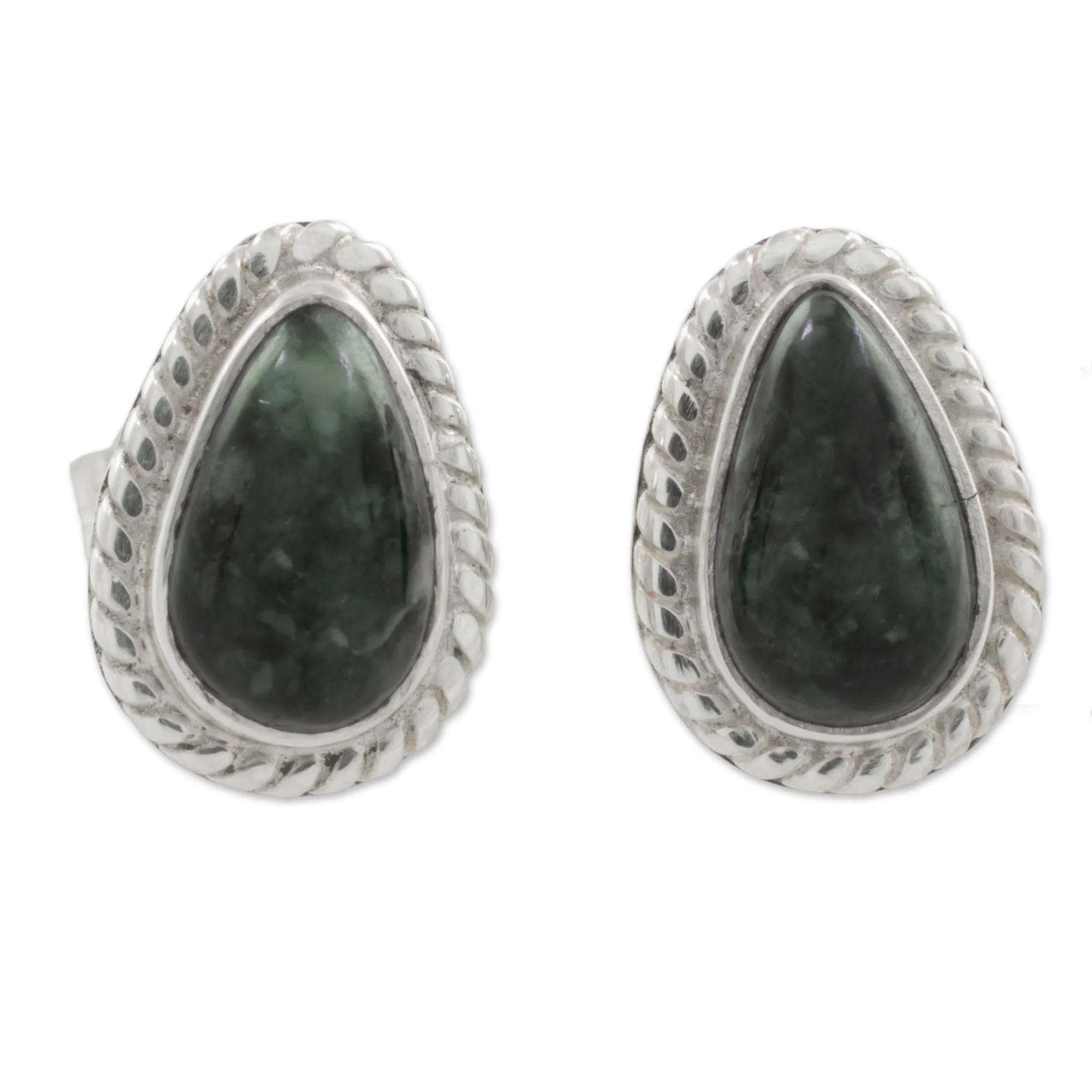 Teardrop Lassos Green Jade and 925 Silver Teardrop Earrings from Guatemala - Image 2