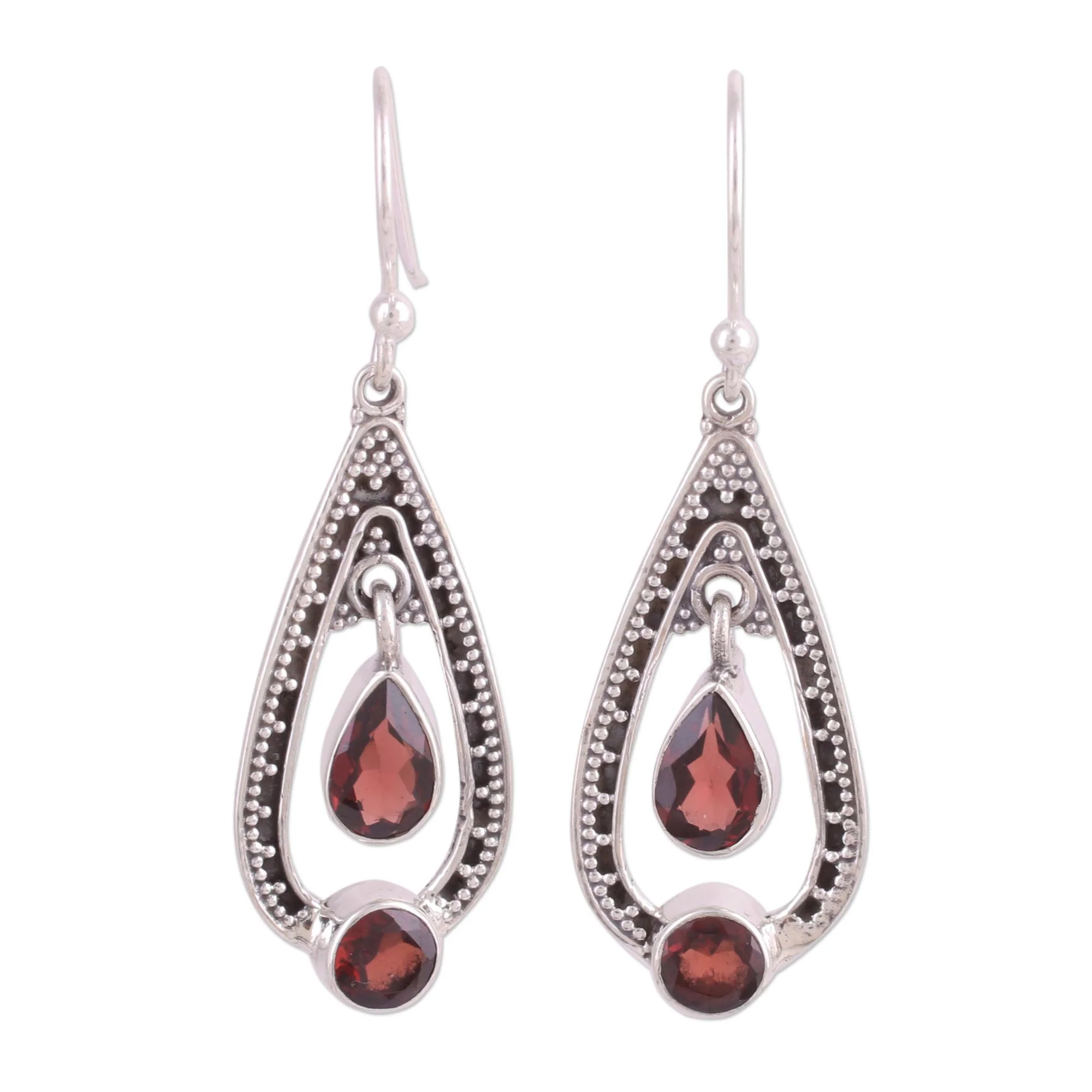 Teardrop Romance Garnet and Sterling Silver Dangle Earrings from India - Image 2