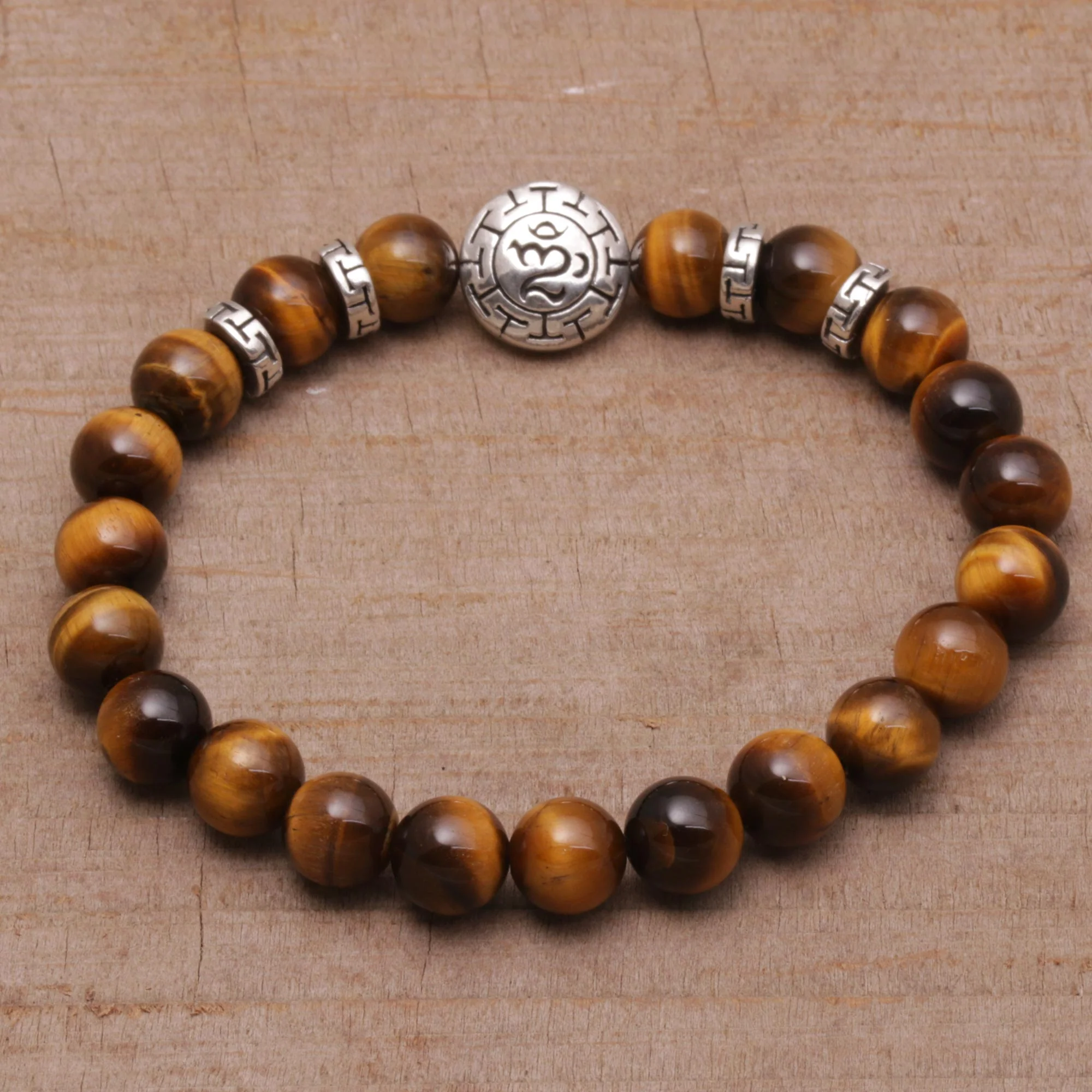Temesir Om Tiger's Eye Beaded Om Stretch Bracelet from Bali - Image 3