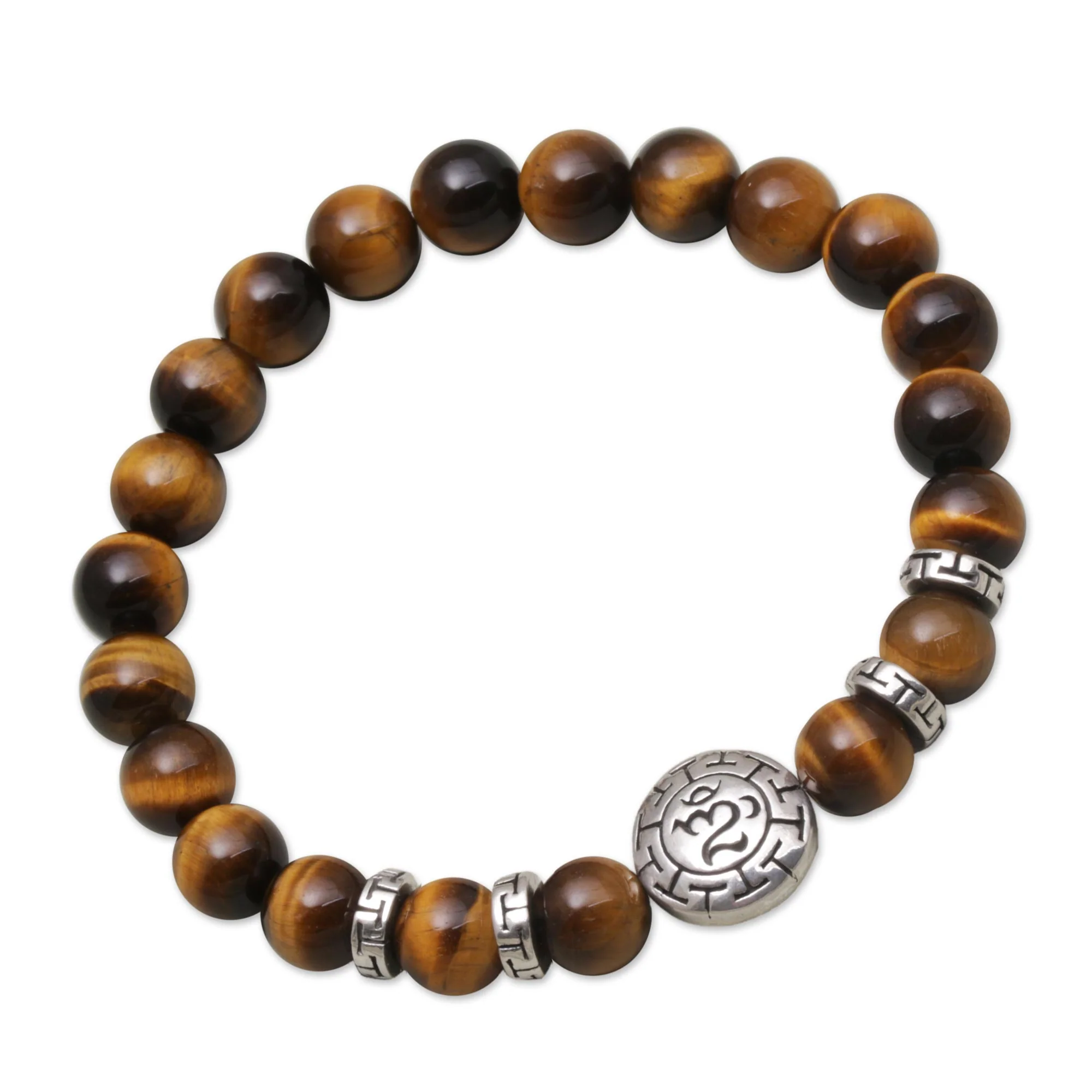 Temesir Om Tiger's Eye Beaded Om Stretch Bracelet from Bali - Image 4