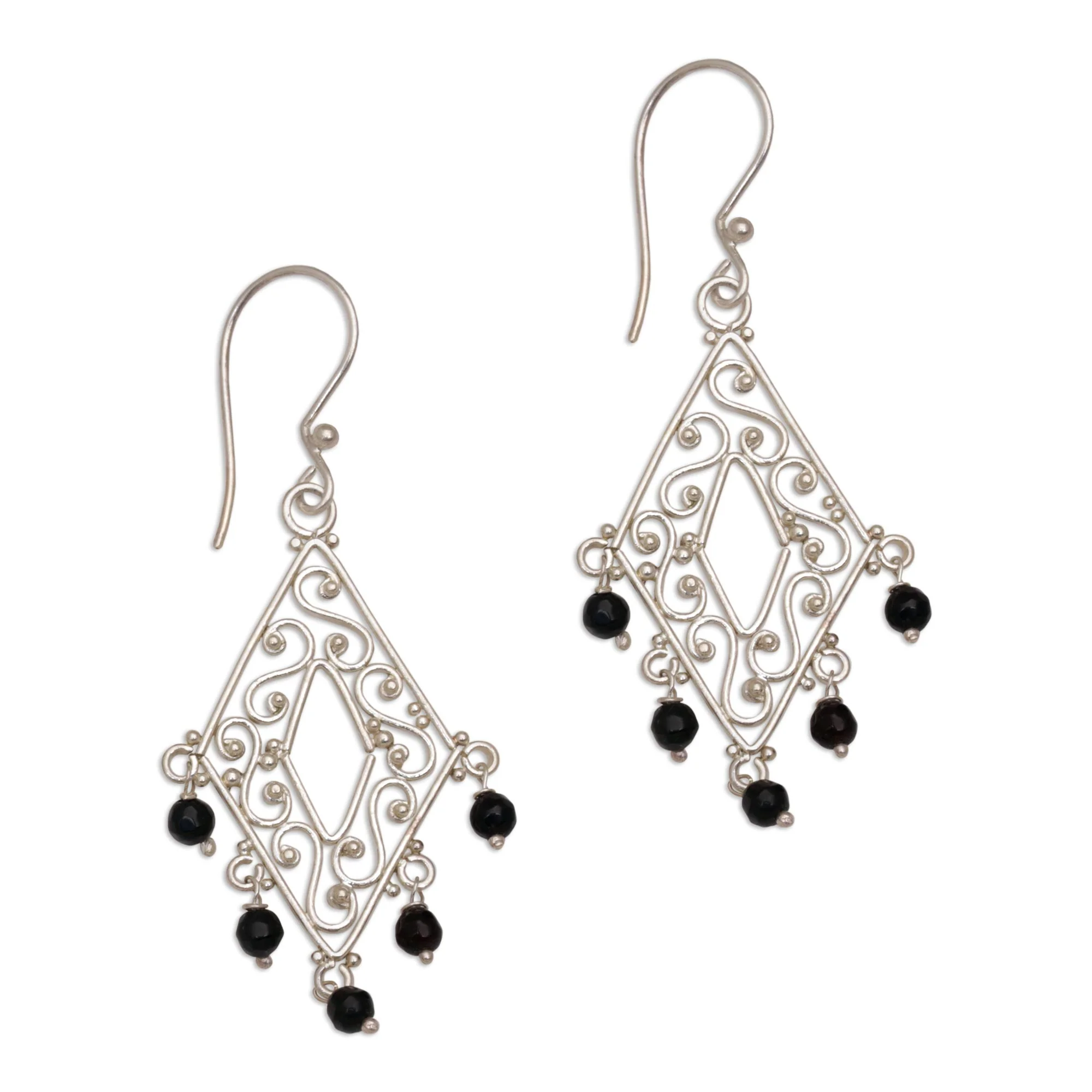 Temple Shower Handcrafted Diamond-Shaped Onyx Dangle Earrings from Bali - Image 2