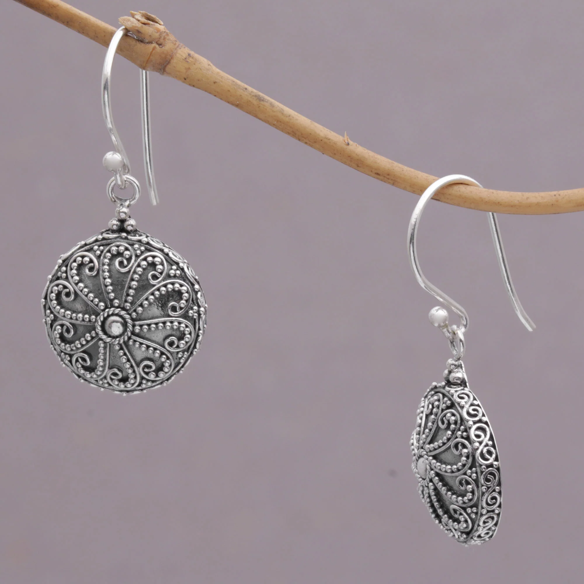 Temple Swirl Sterling Silver Spiral Motif Dangle Earrings from Bali - Image 3