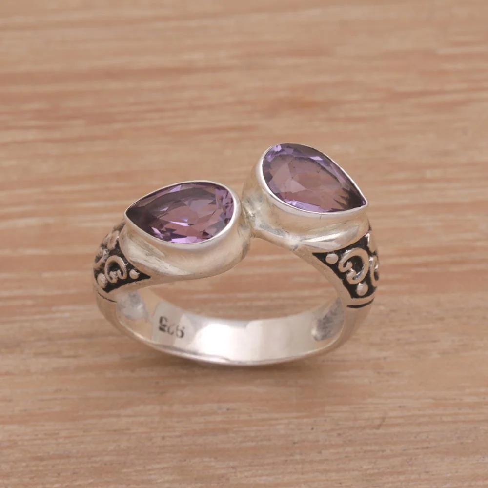Temple Tears Teardrop Amethyst and Silver Cocktail Ring from Bali - Image 3