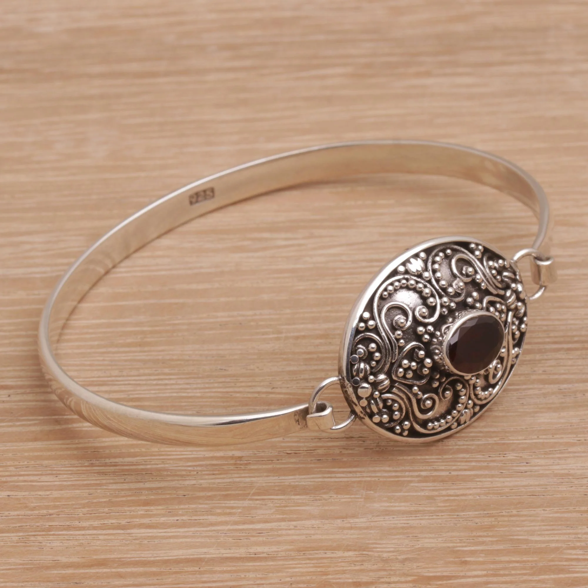 Tender Love One Carat Oval Garnet and Silver Bangle Bracelet - Image 4