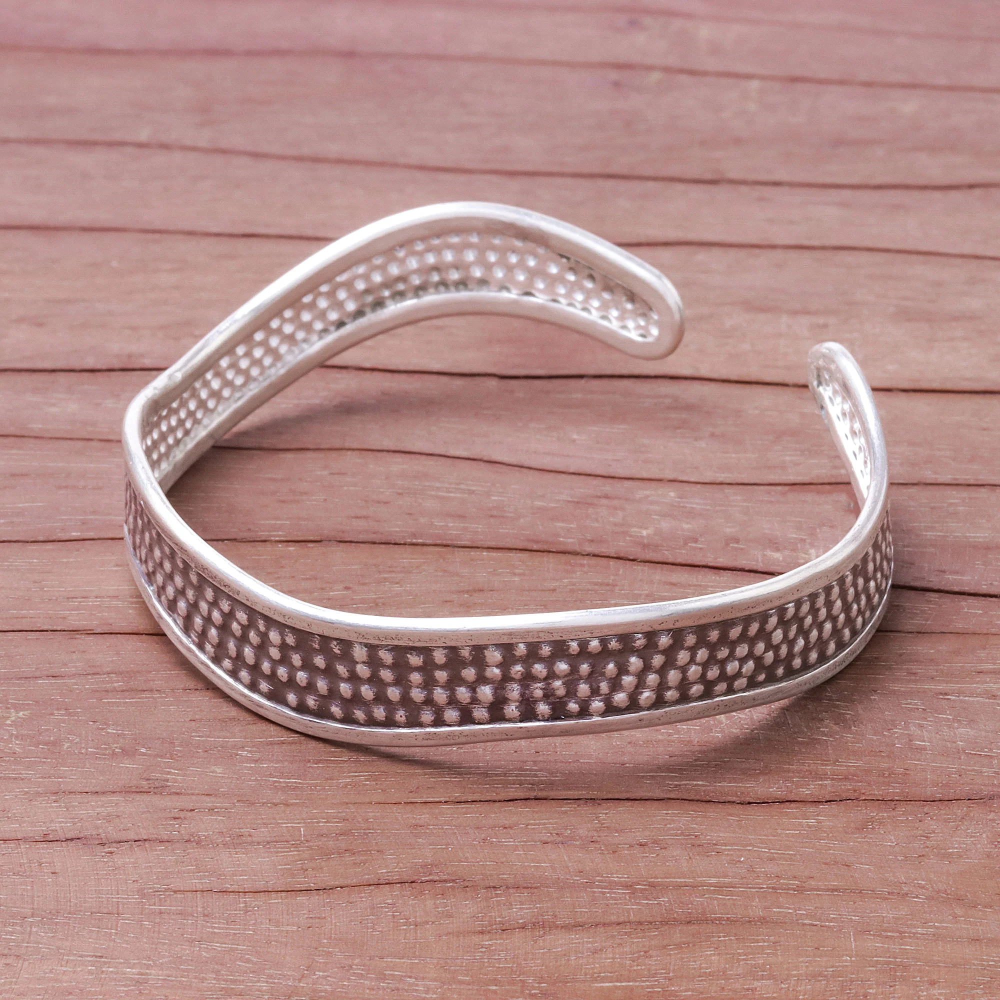 Texture Wave Handcrafted Karen Silver Textured Wave Cuff Bracelet - Image 3