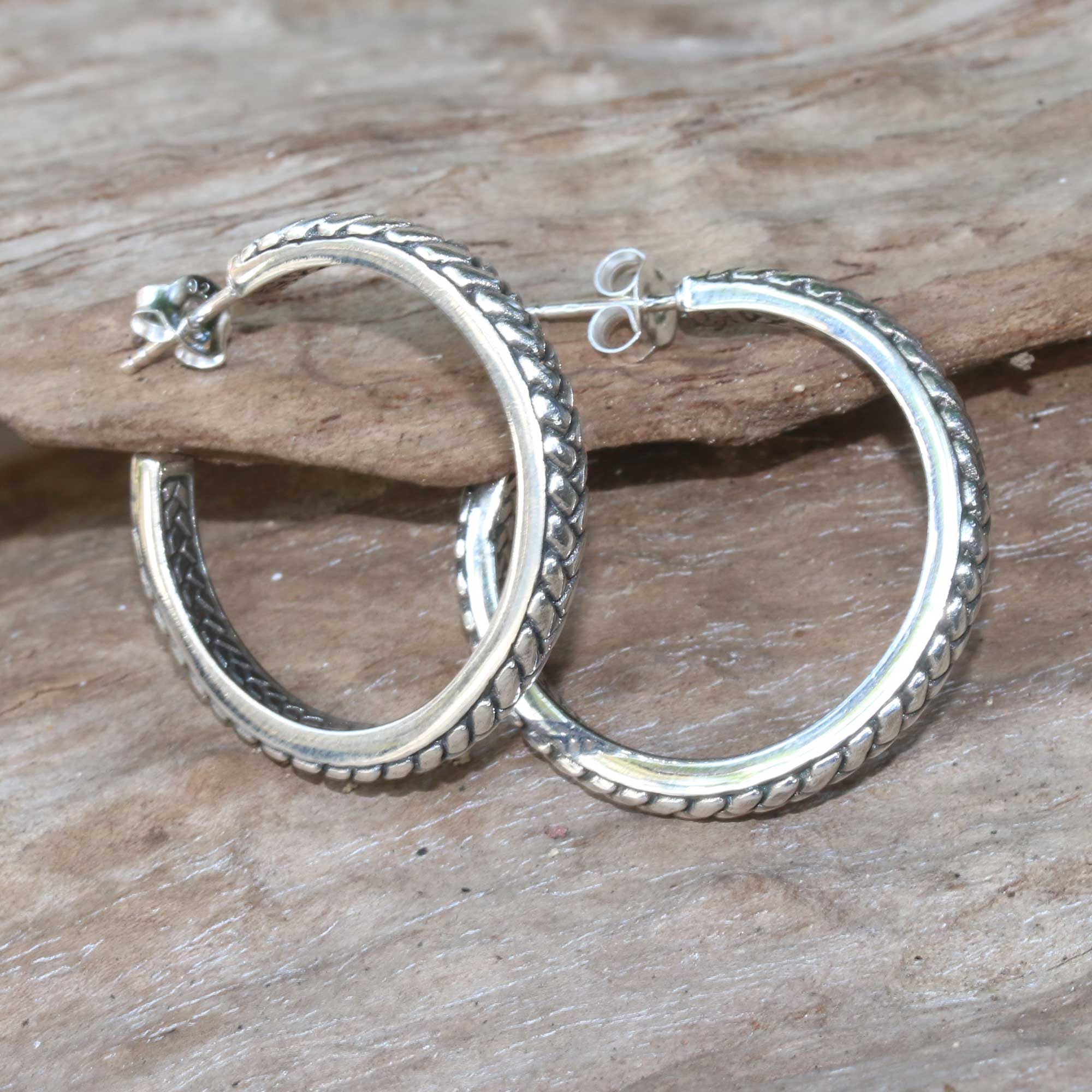 Textured Hoops Braid Motif Sterling Silver Half-Hoop Earrings from Bali - Image 3