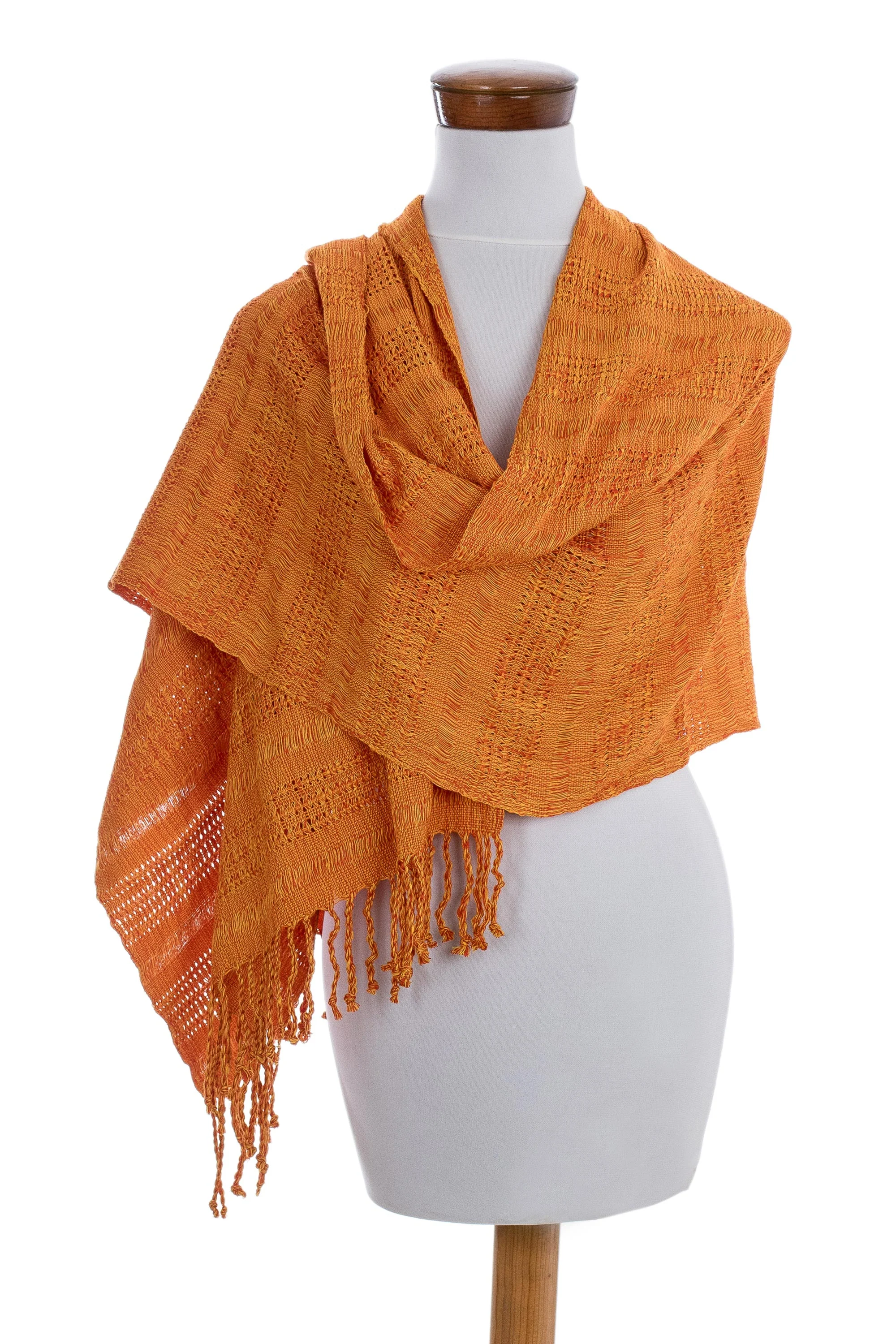 Textured Tangerine Guatemala Backstrap Handwoven Yellow-Orange Rayon Shawl - Image 2