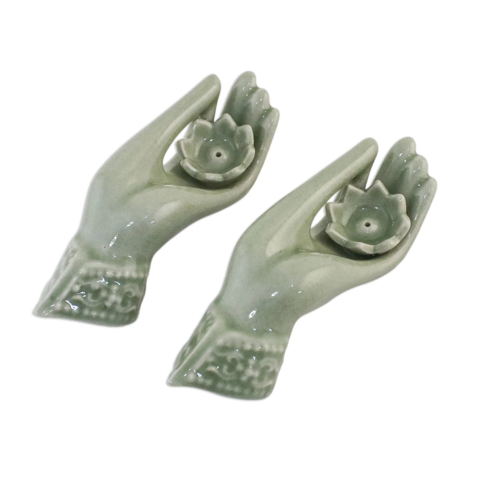 Thai Dance Hands Light Green Celadon Incense Holders Set of 2 from Thailand - Image 2