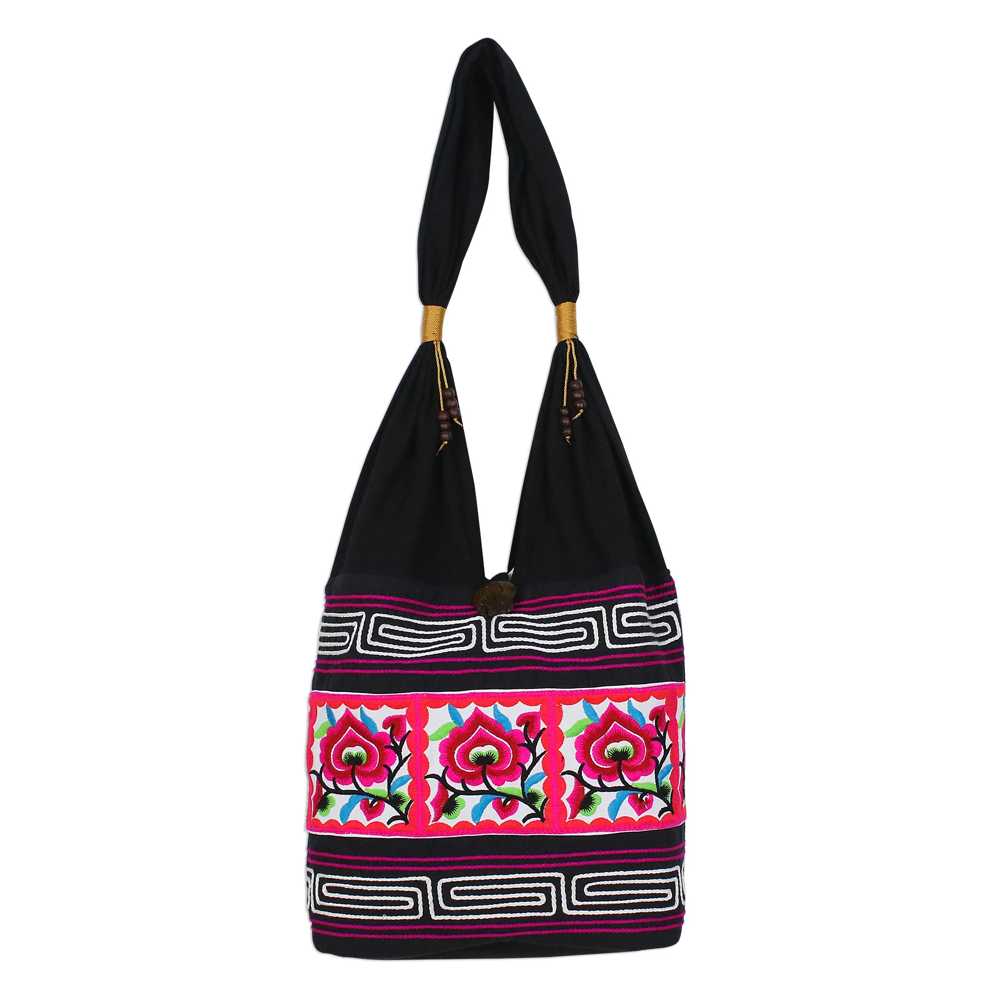 Thai Flora Pink Floral Cotton Blend Shoulder Bag from Thailand - Image 2
