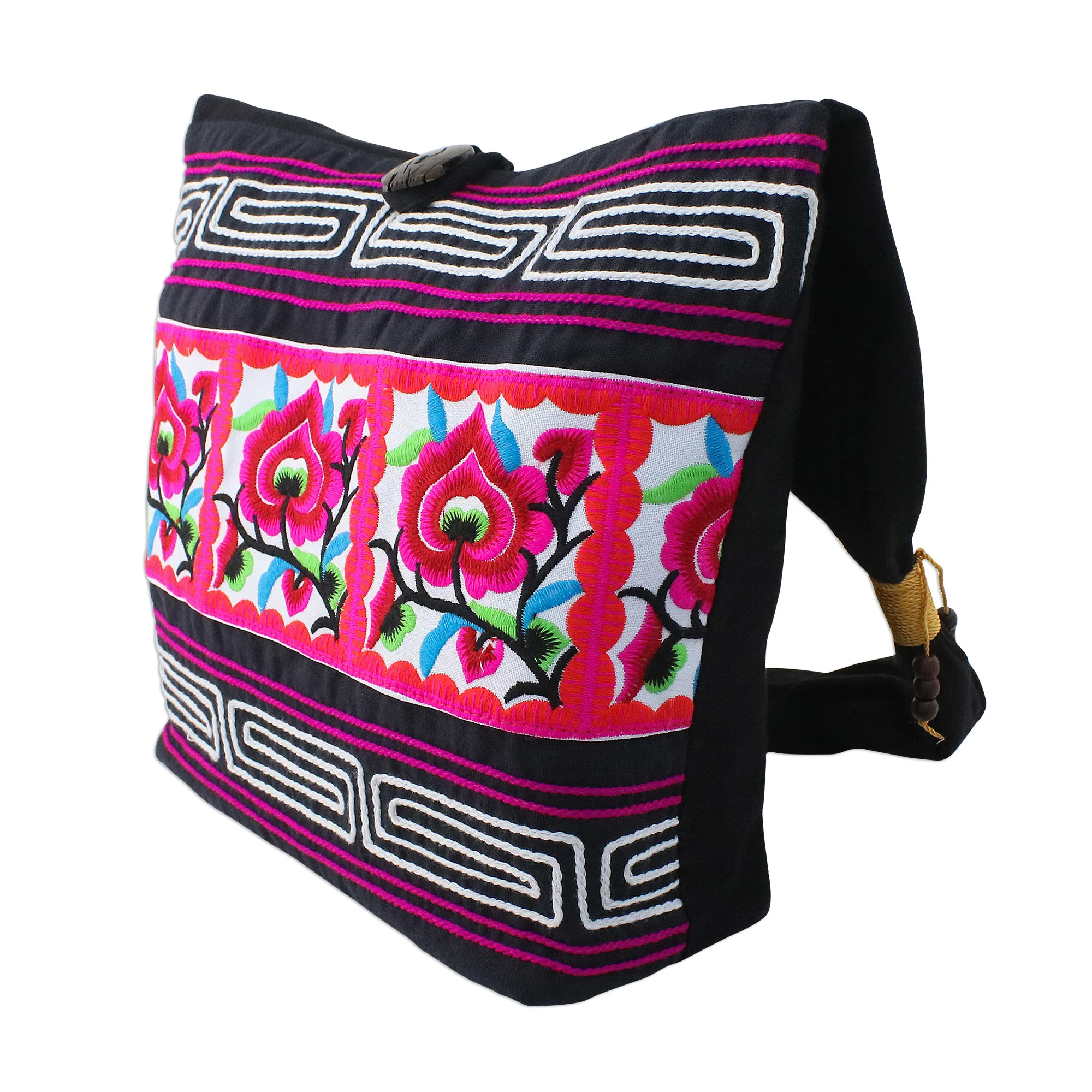 Thai Flora Pink Floral Cotton Blend Shoulder Bag from Thailand - Image 4