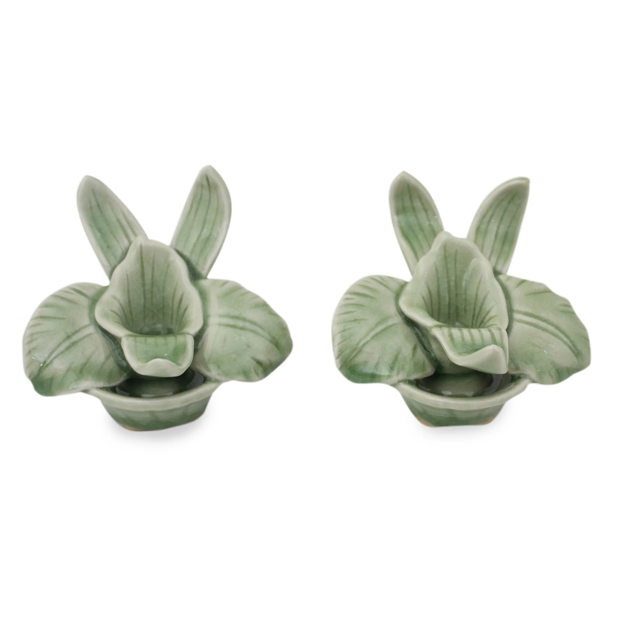 Thai Jade Orchids Green Celadon Ceramic Orchid Shaped Candle Holders (Pair) - Image 2