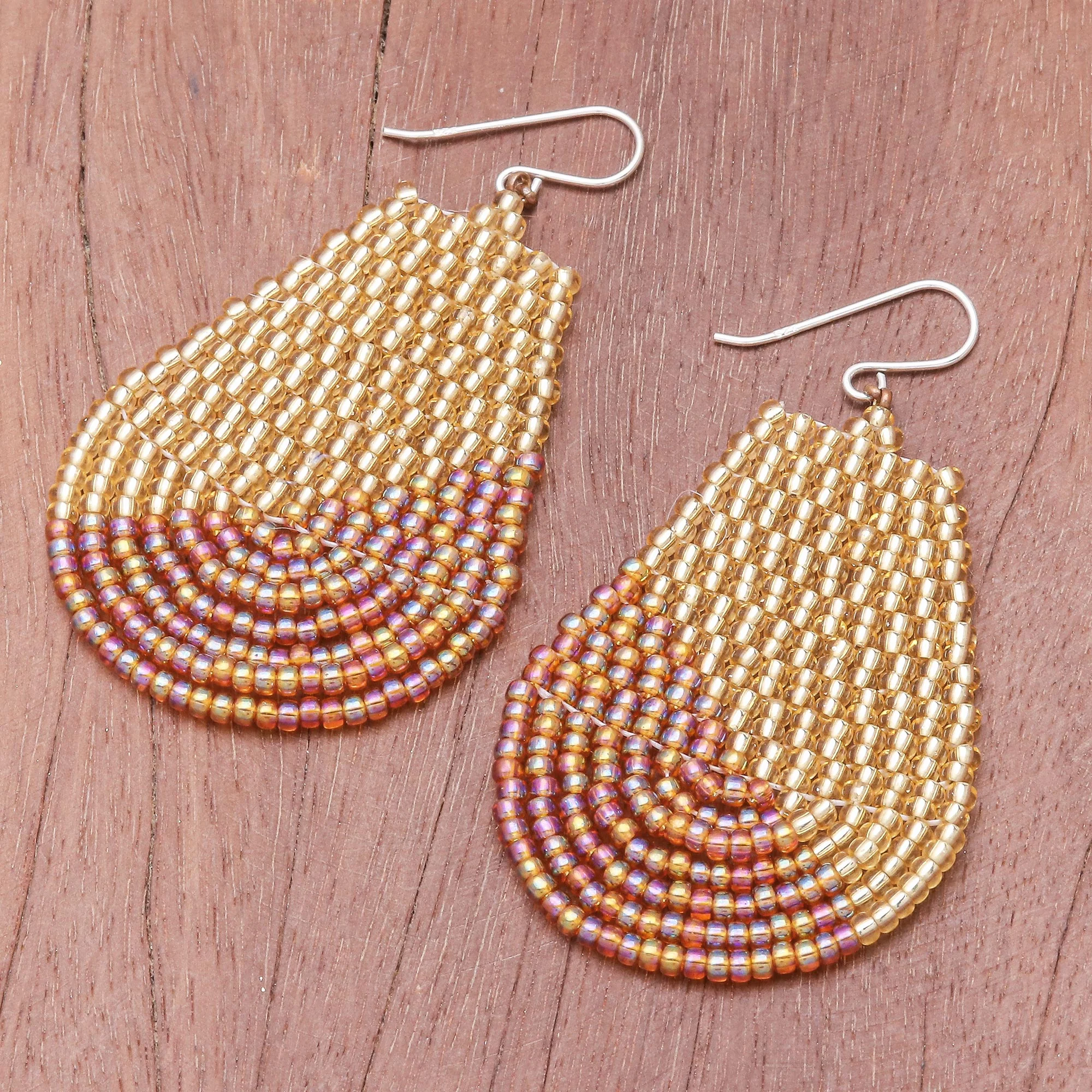 Thai Moon in Gold Metallic Gold and Cream Glass Beaded Dangle Earrings - Image 3