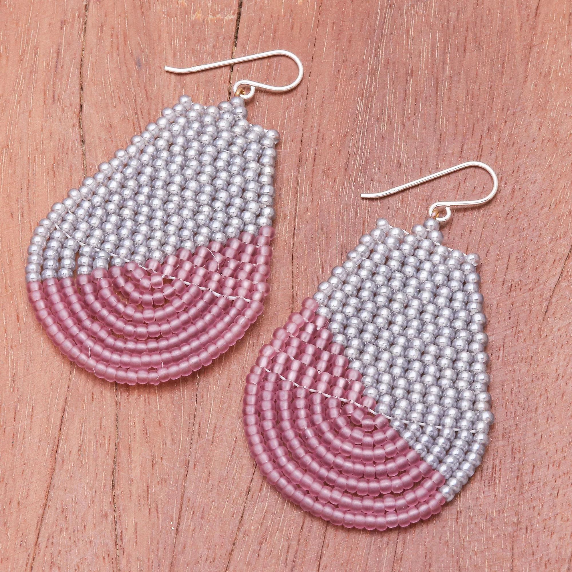 Thai Moon in Pink White and Pink Glass Beaded Dangle Earrings - Image 3