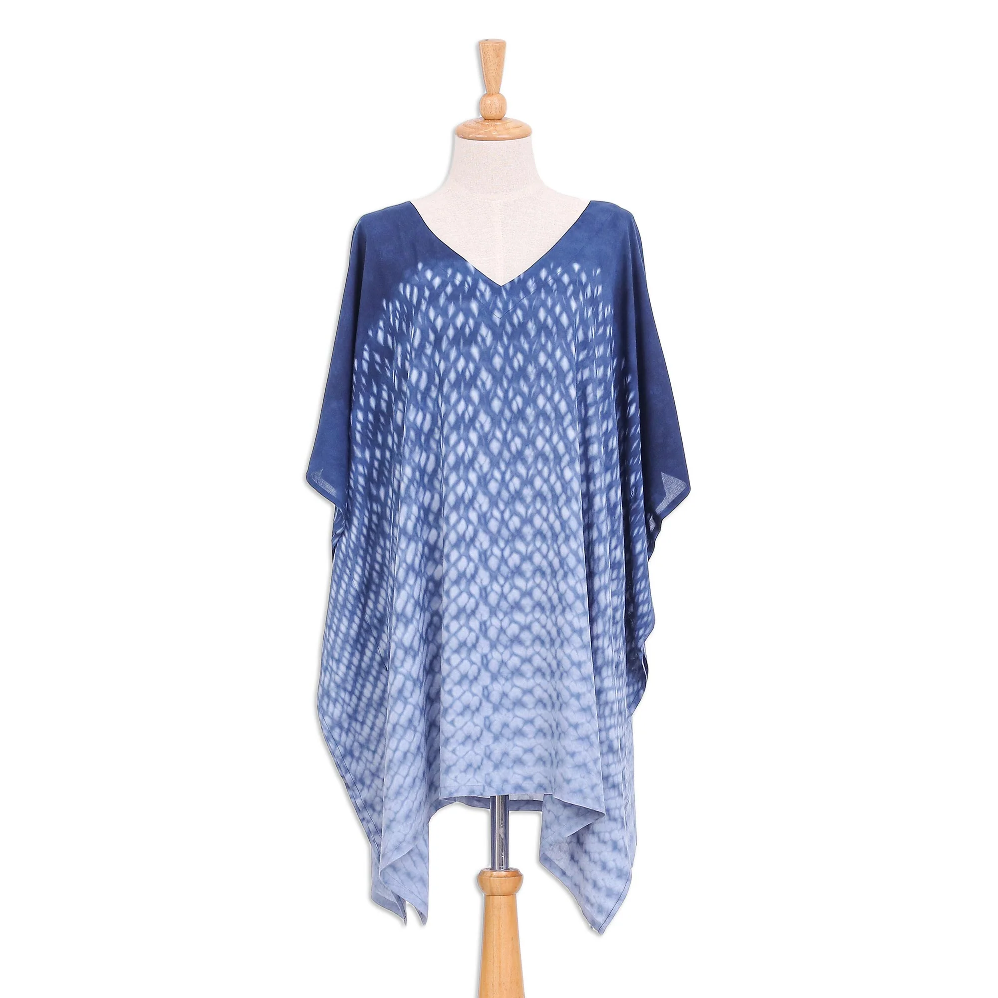Thai Rain in Dark Blue Hand Made Tie-Die Rayon Caftan - Image 2