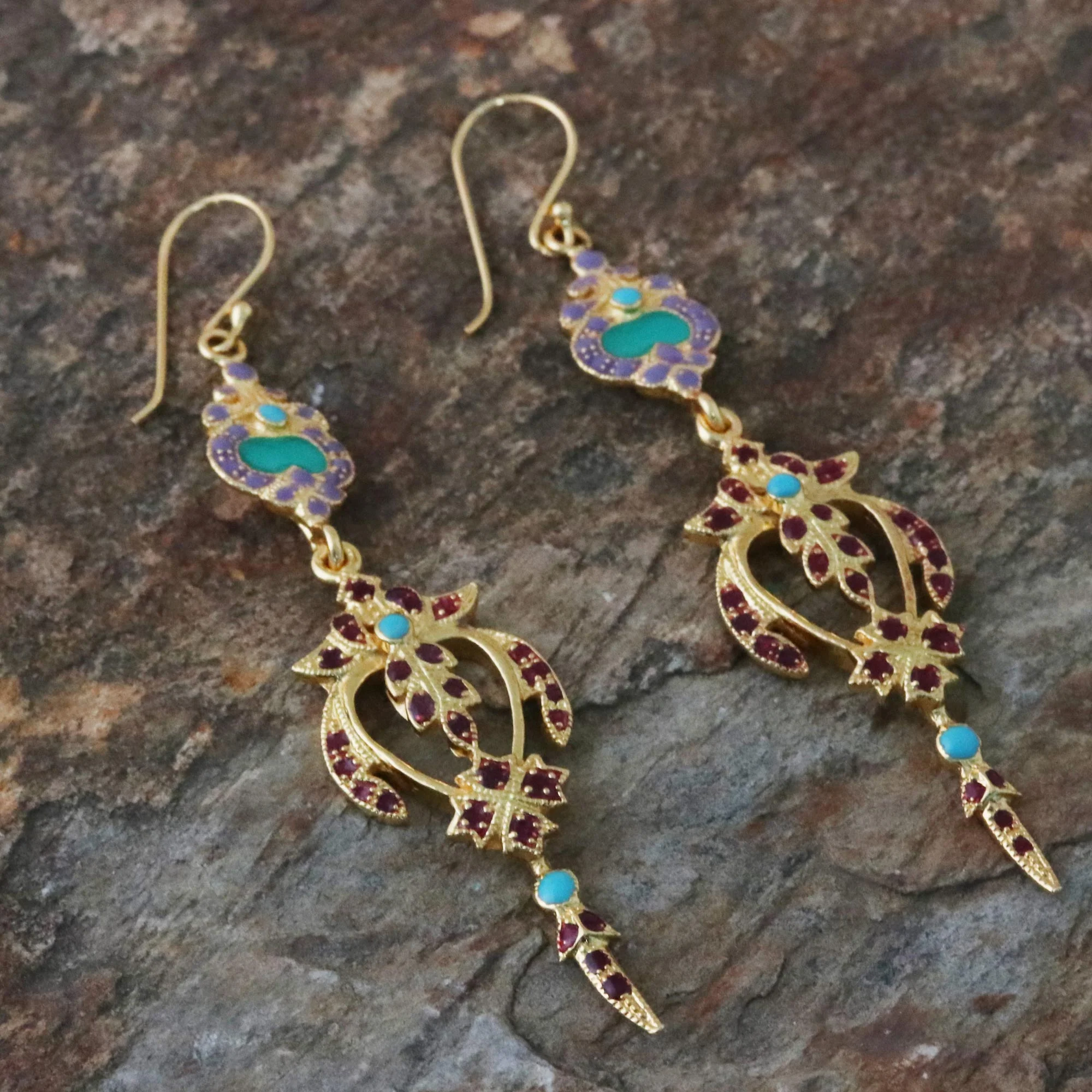 Thai Succulence Gold Plated Brass Earrings in Purple and Red from Thailand - Image 4