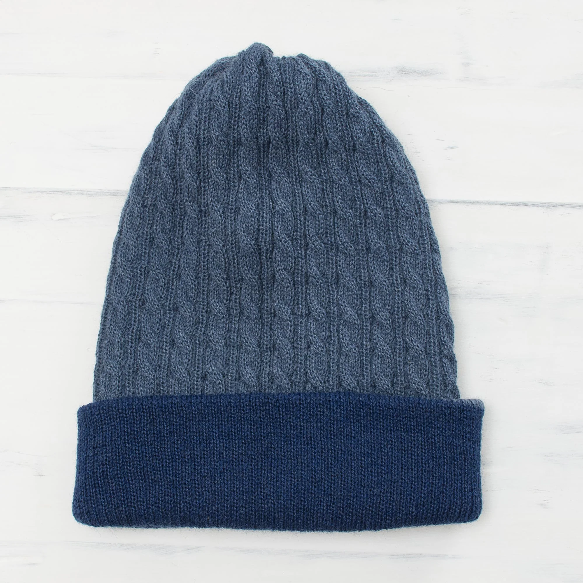 The Bells of Huancayo in Azure Men's Reversible Alpaca Blend Hat - Image 3