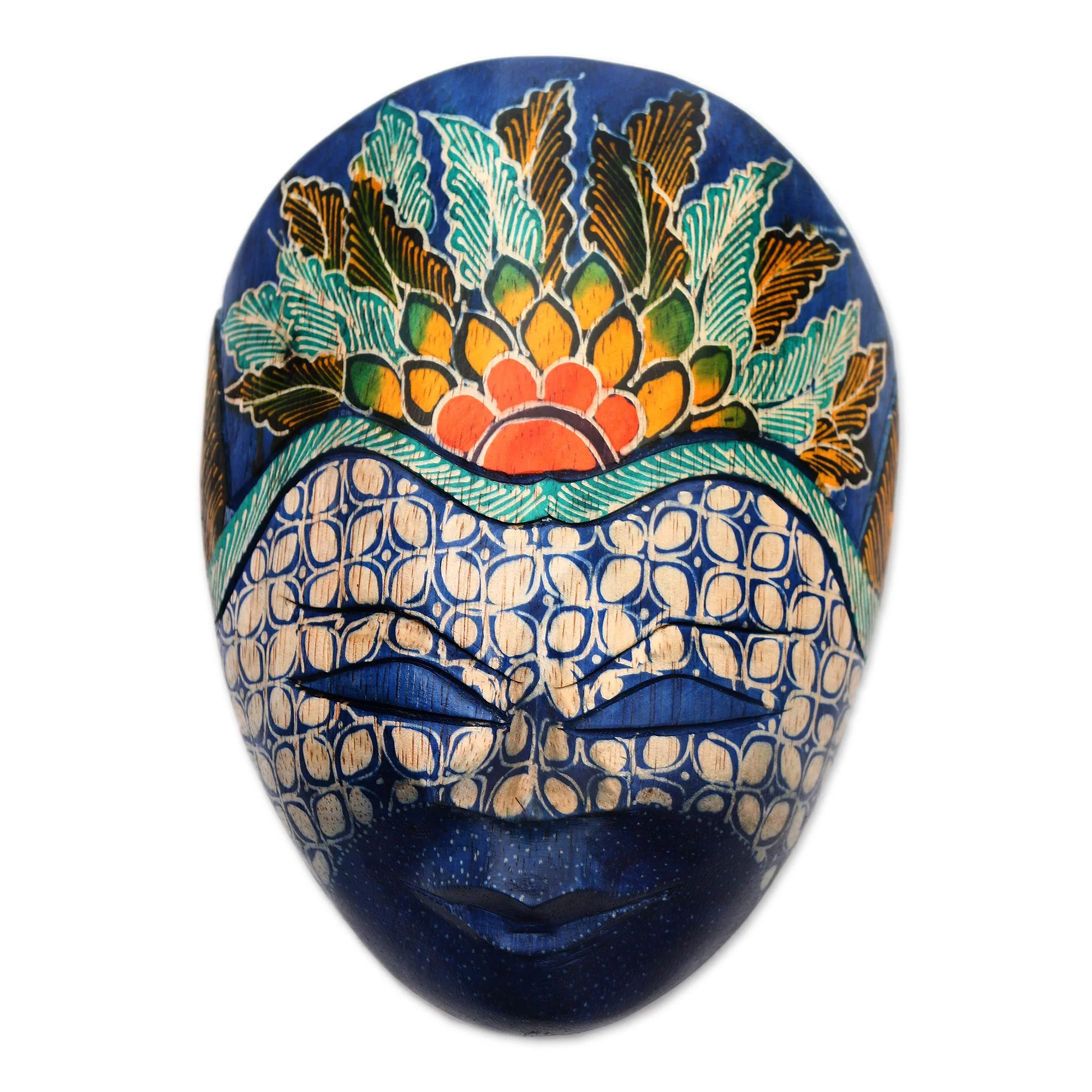 The Blue Prince Floral Batik Wood Mask from Java - Image 2