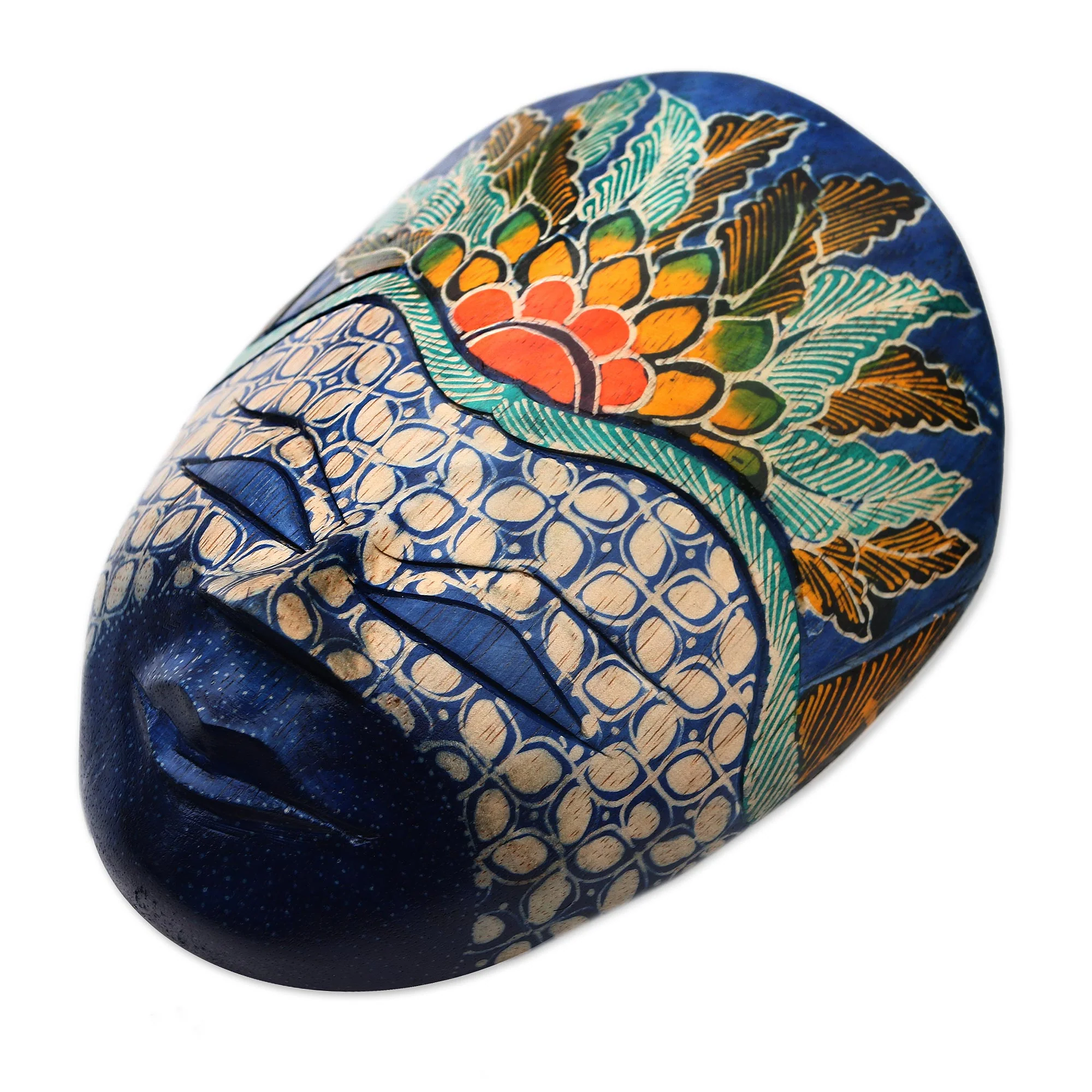 The Blue Prince Floral Batik Wood Mask from Java - Image 3