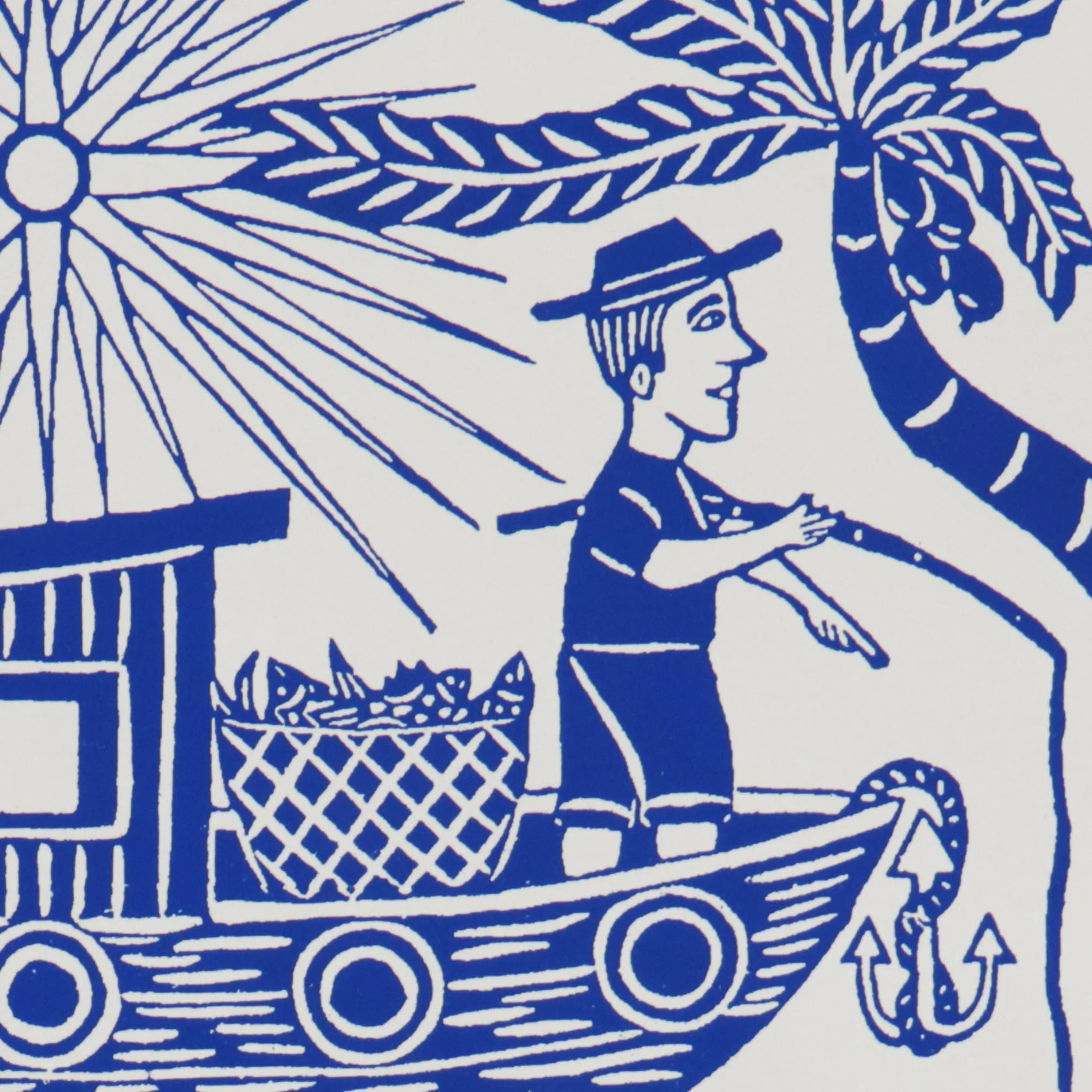 The Fisherman Fisherman and Boat Blue and White Brazilian Woodcut Print - Image 2