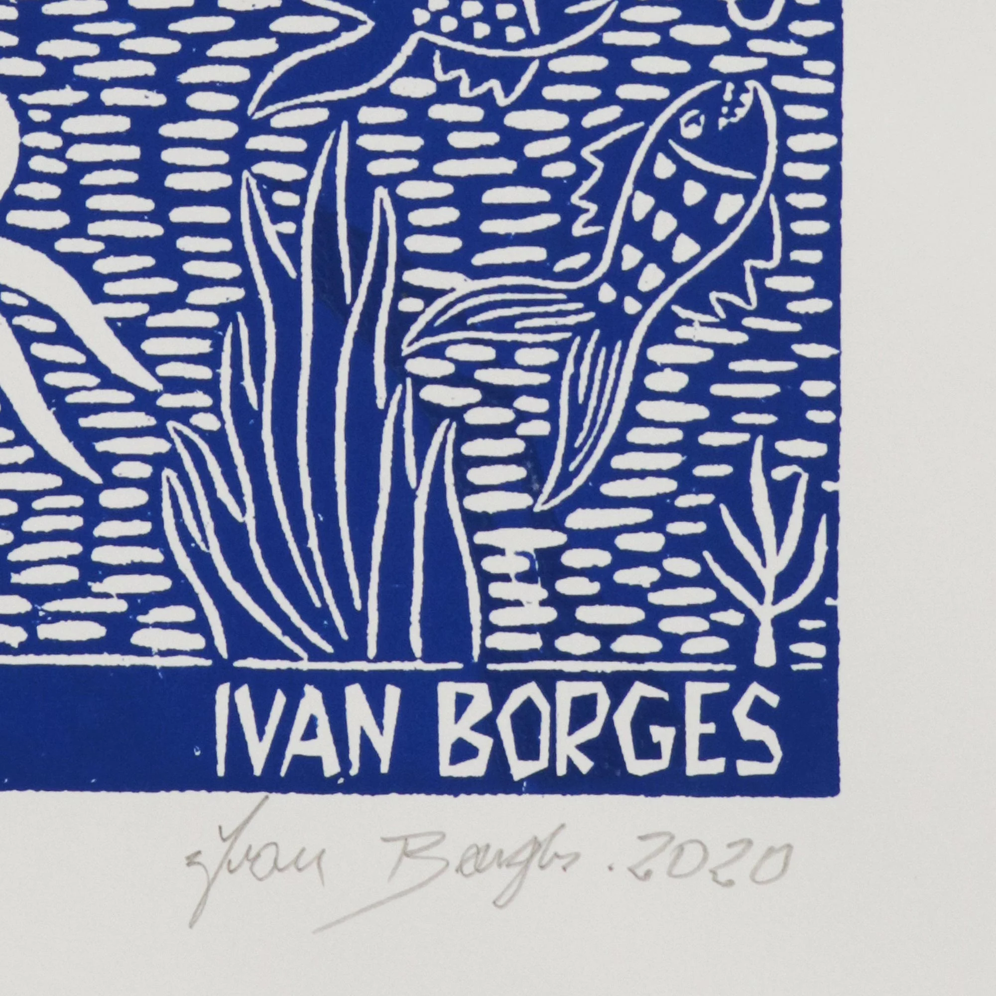 The Fisherman Fisherman and Boat Blue and White Brazilian Woodcut Print - Image 3
