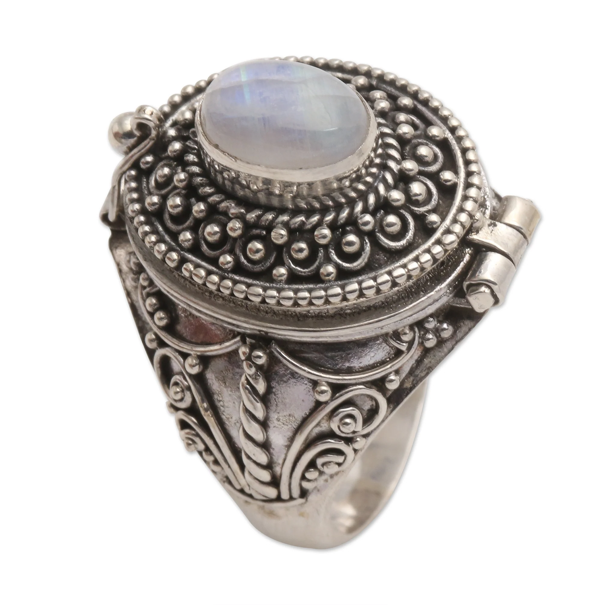 The Secret in White Rainbow Moonstone Locket Sterling Silver Cocktail Ring - Image 2