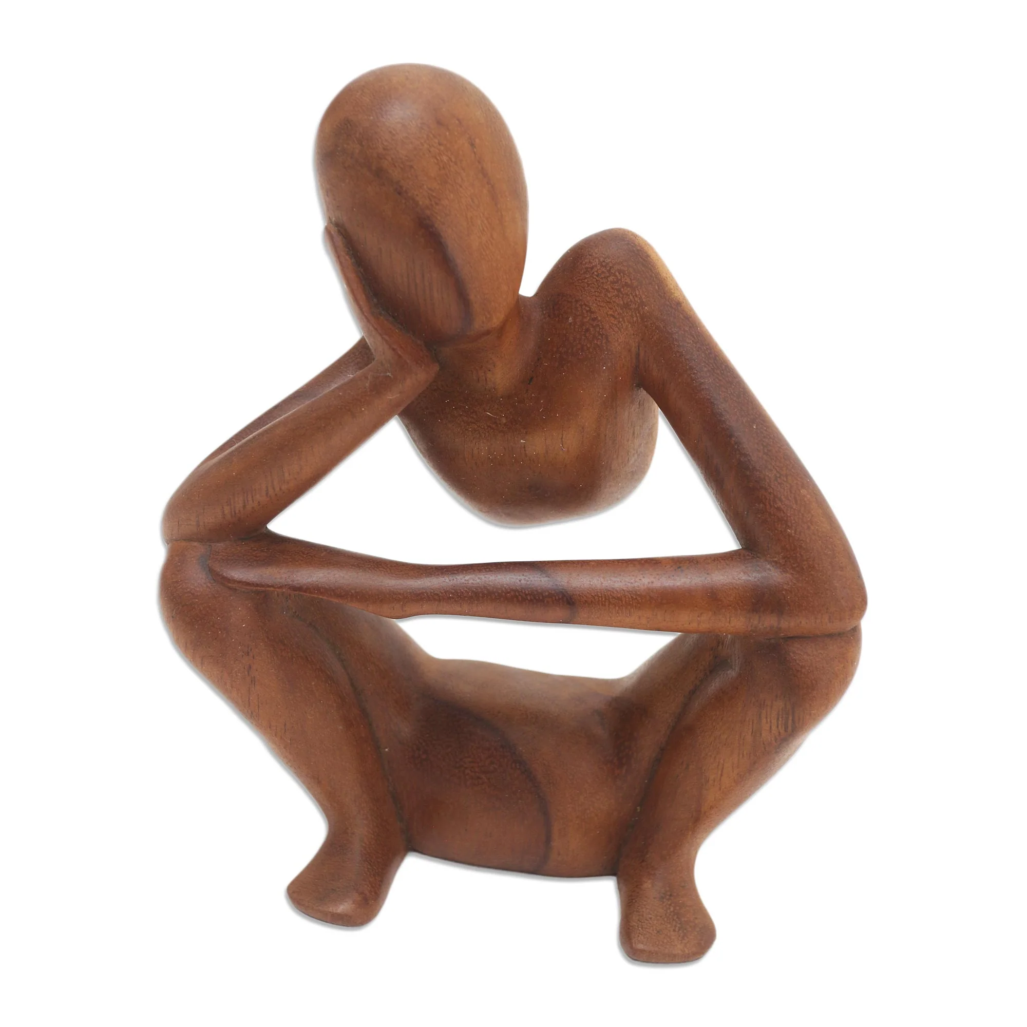 Thinking Posture Hand Carved Suar Wood Statuette - Image 2