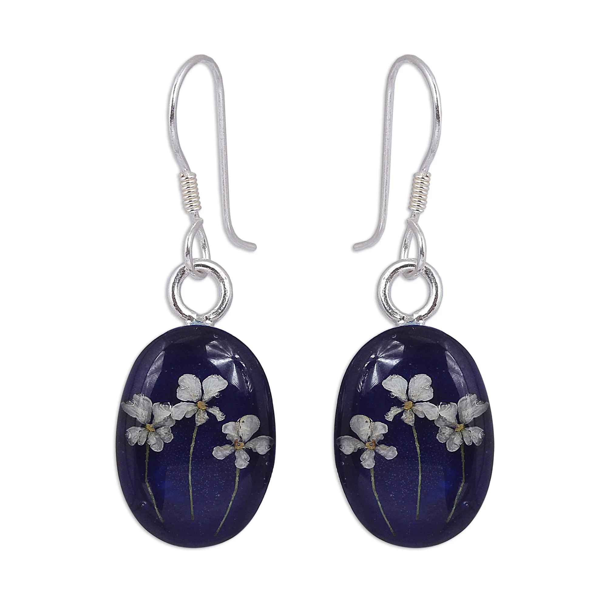 Three Flowers Oval Natural Flower Dangle Earrings from Mexico - Image 2