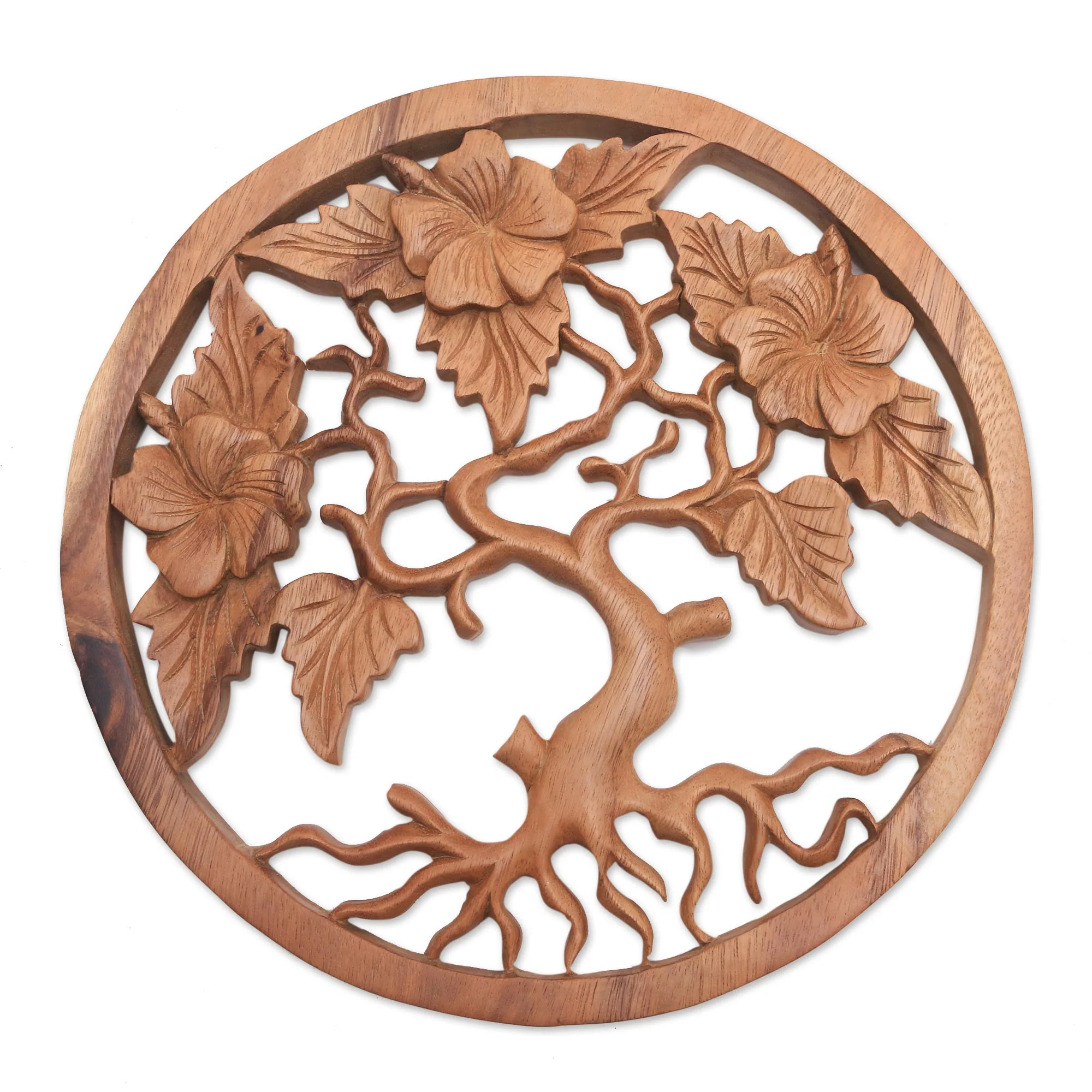 Three Frangipani Frangipani Tree Suar Wood Relief Panel from Bali - Image 2