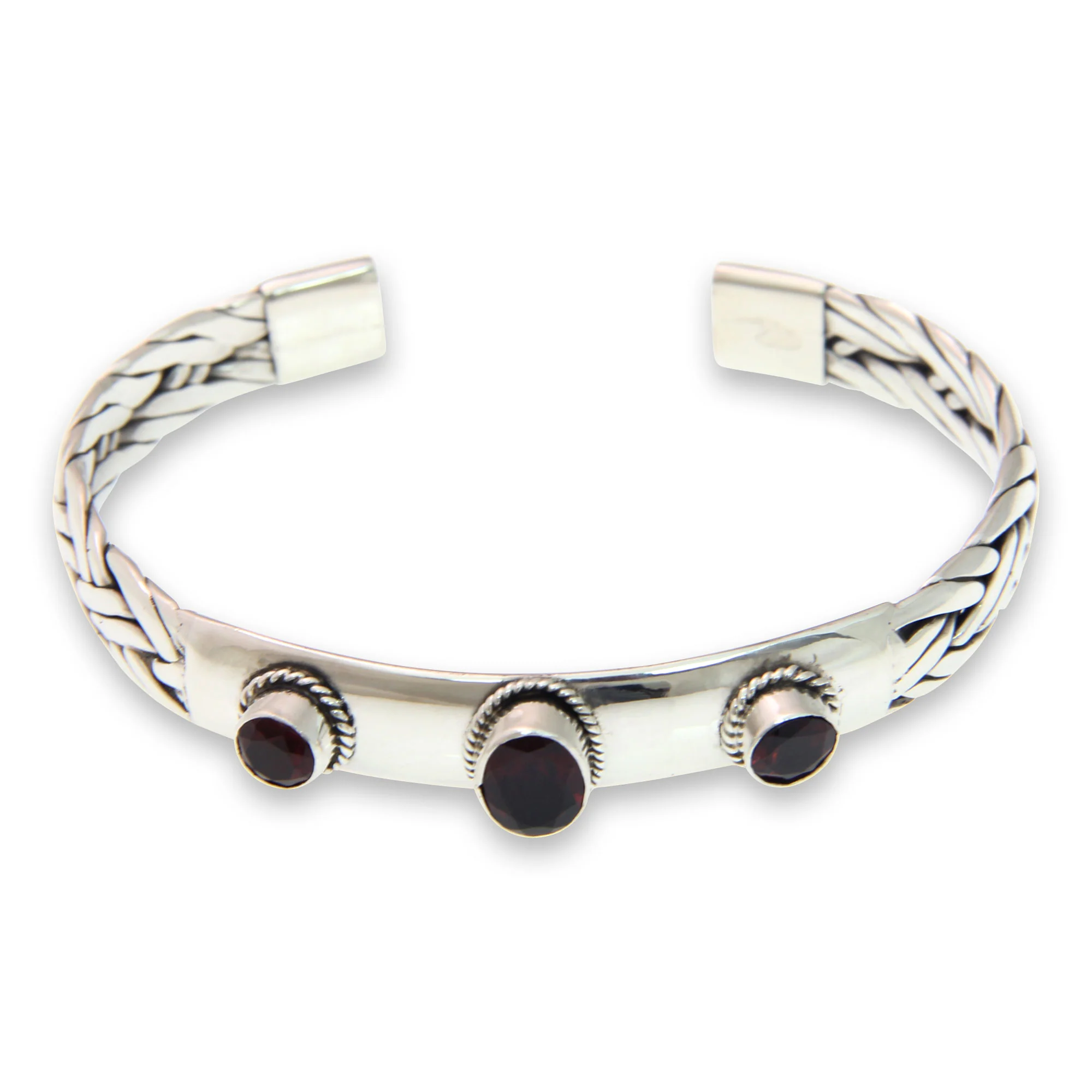 Three Guardians Braided Sterling Silver Cuff Bracelet with Three Garnets - Image 2