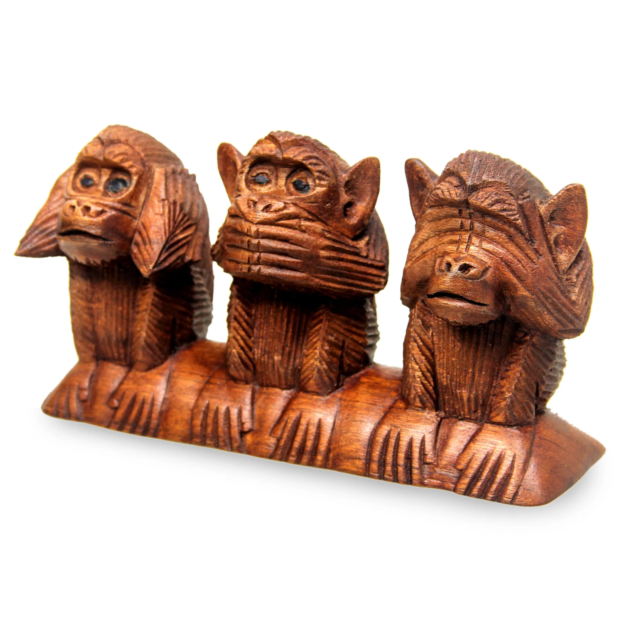 Three Wise Monkeys Suar Wood Proverb Sculpture - Image 3