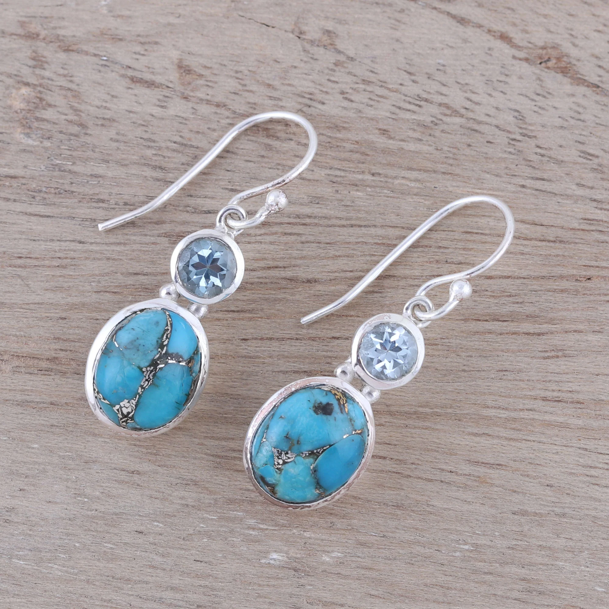 Tidal Dream Blue Topaz and Composite Turquoise Dangle Earrings - Image 3