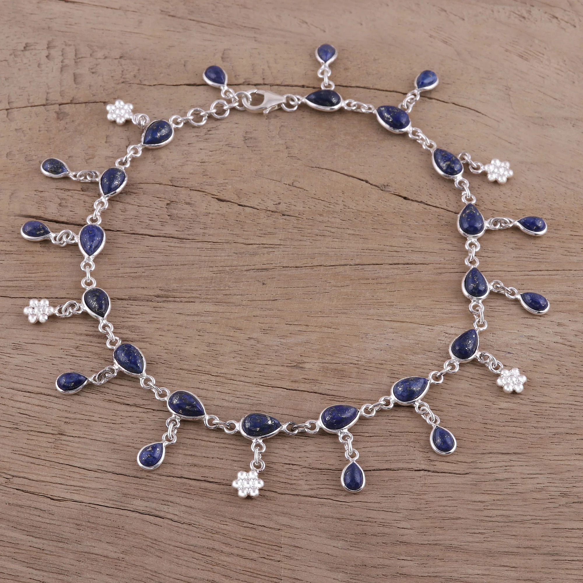 Tidal Luster Handmade Lapis Lazuli and Sterling Silver Anklet from India - Image 3