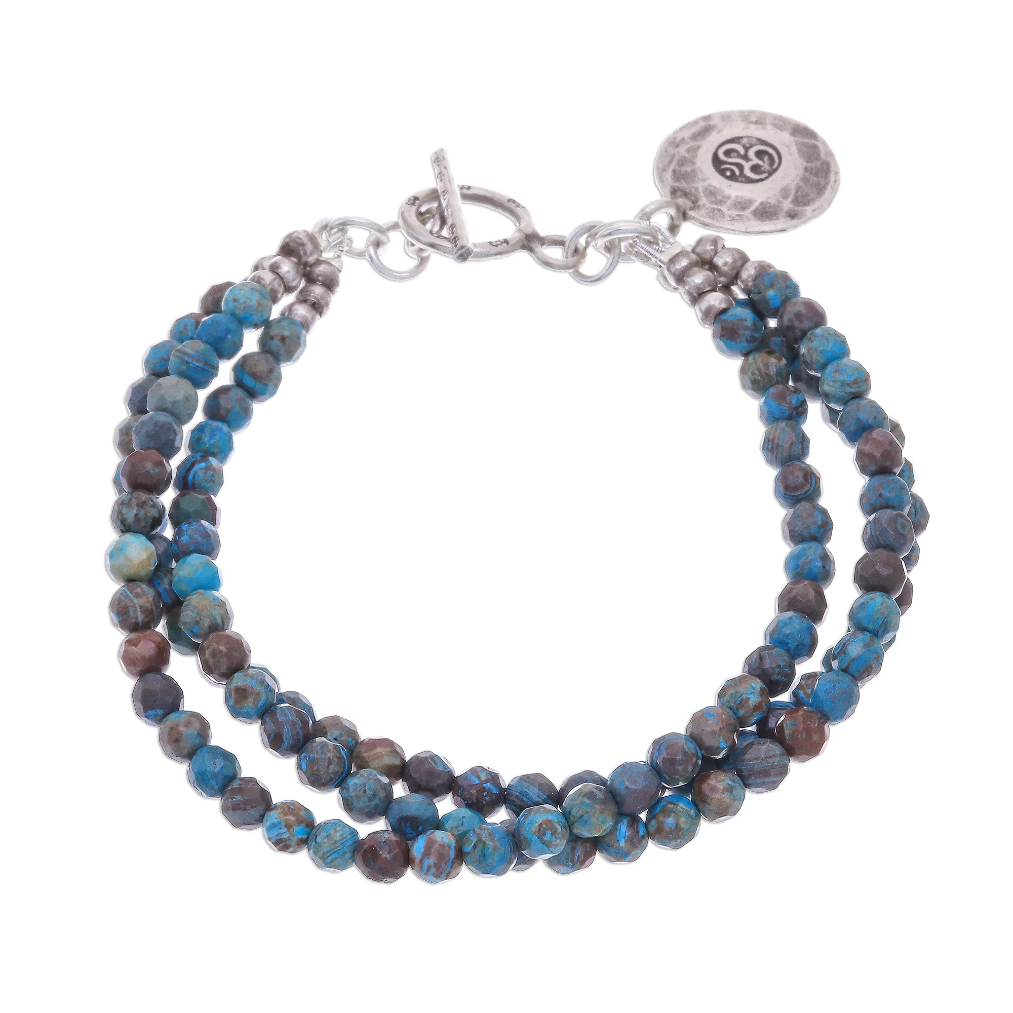 Tiny Globes Om Symbol Beaded Bracelet with Blue and Brown Jasper - Image 2
