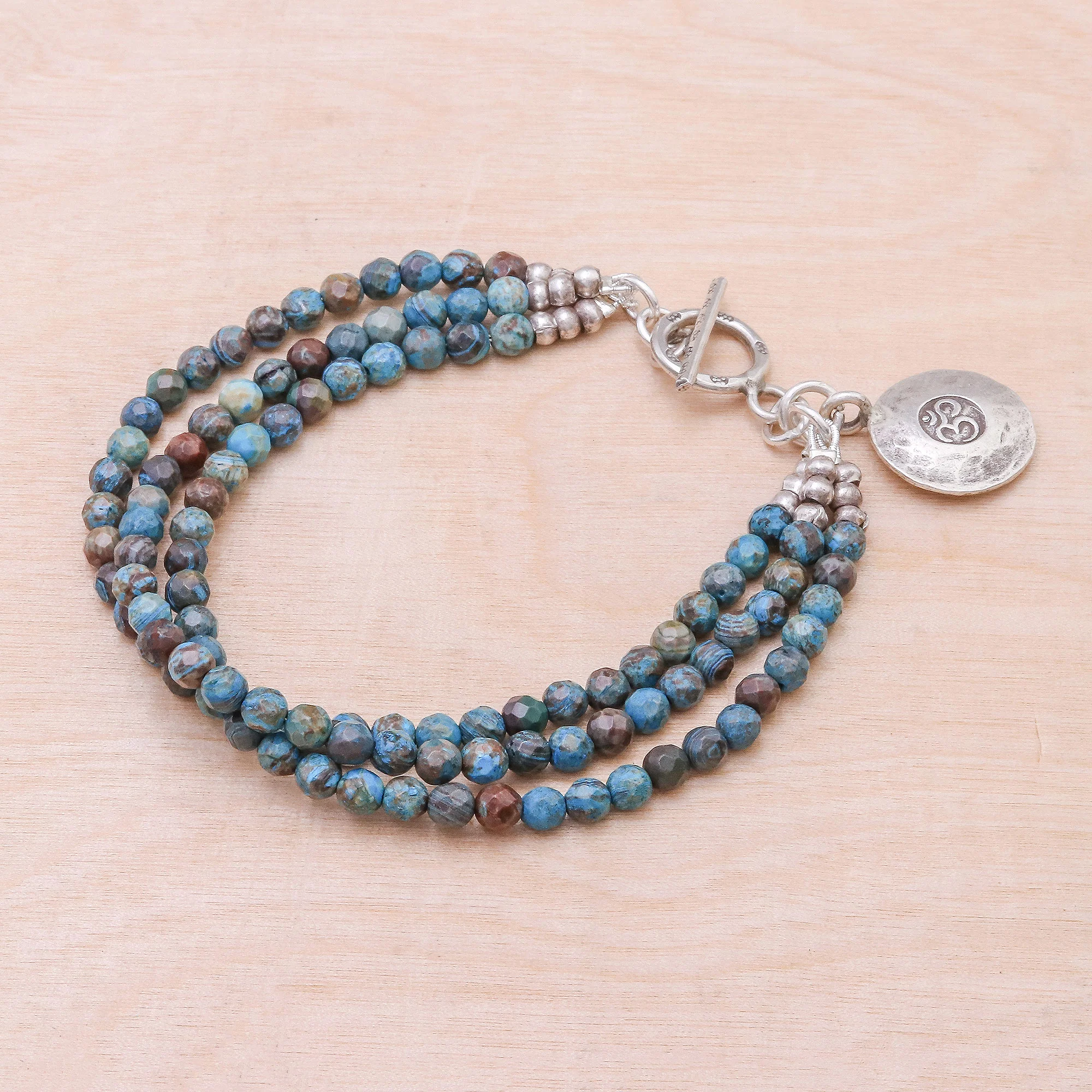 Tiny Globes Om Symbol Beaded Bracelet with Blue and Brown Jasper - Image 3
