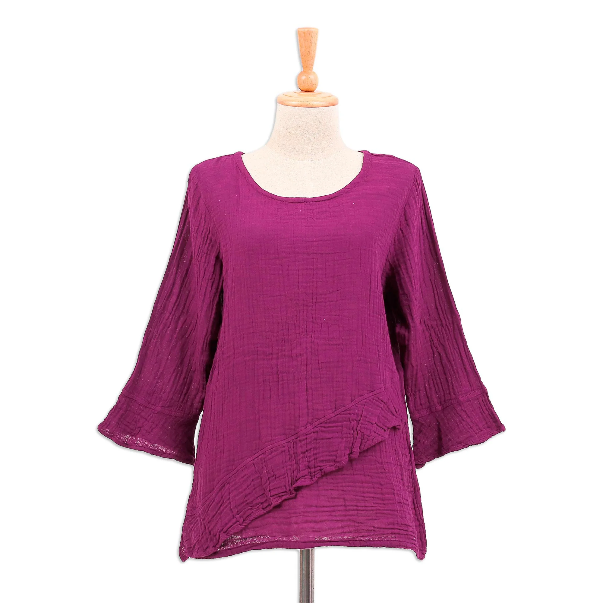 Too Cool in Mulberry Asymmetrical Cut Burgundy Cotton Gauze Blouse - Image 2