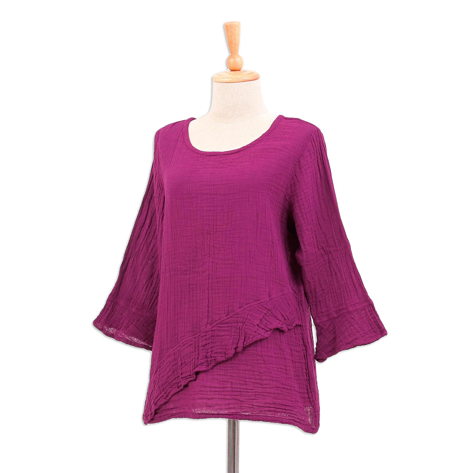 Too Cool in Mulberry Asymmetrical Cut Burgundy Cotton Gauze Blouse - Image 5
