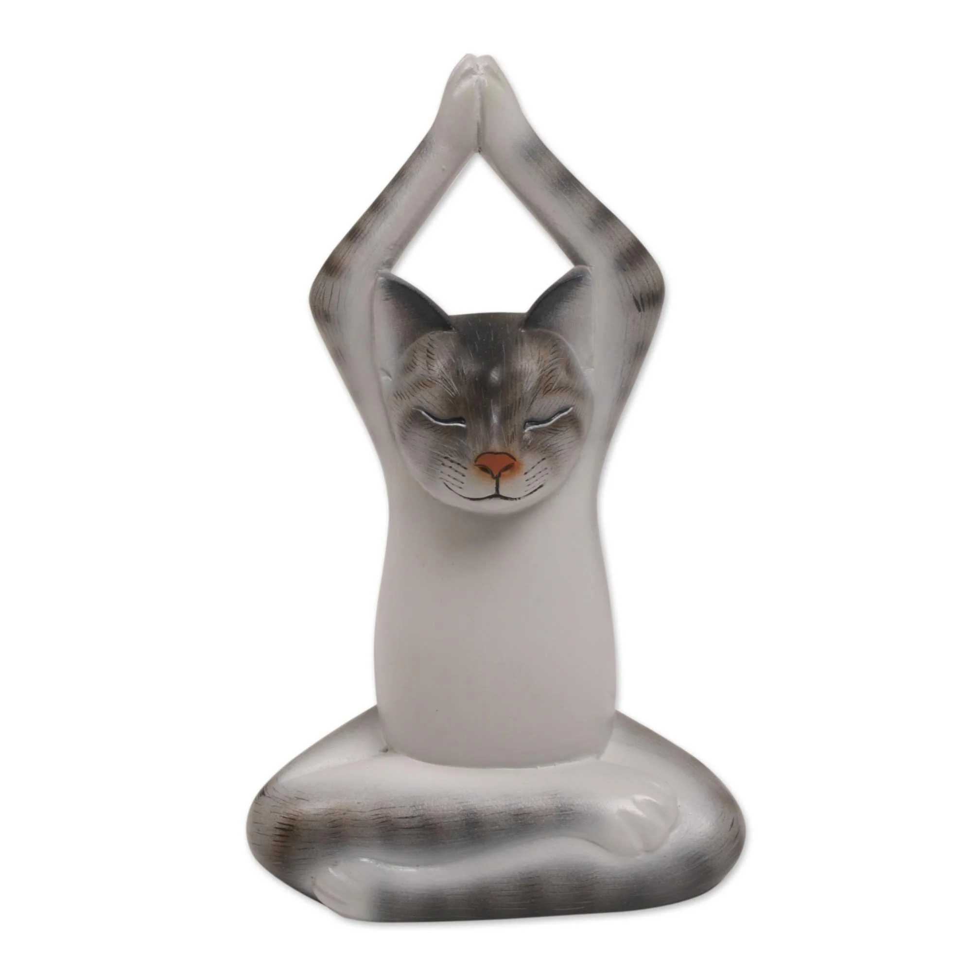 Toward the Sky Grey Yoga Cat Painted Suar Wood Sculpture of a Yoga Cat in Grey from Bali - Image 2