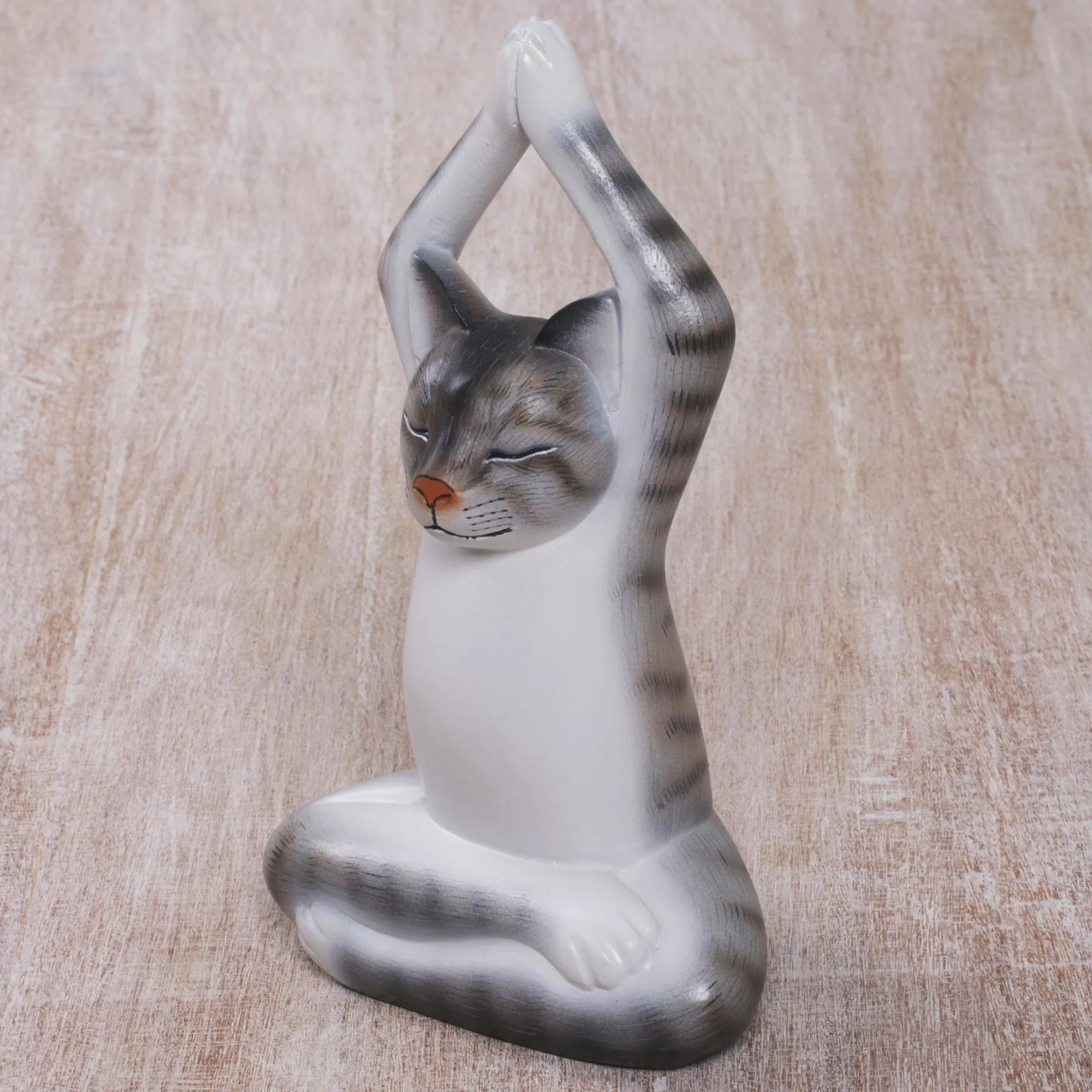 Toward the Sky Grey Yoga Cat Painted Suar Wood Sculpture of a Yoga Cat in Grey from Bali - Image 3
