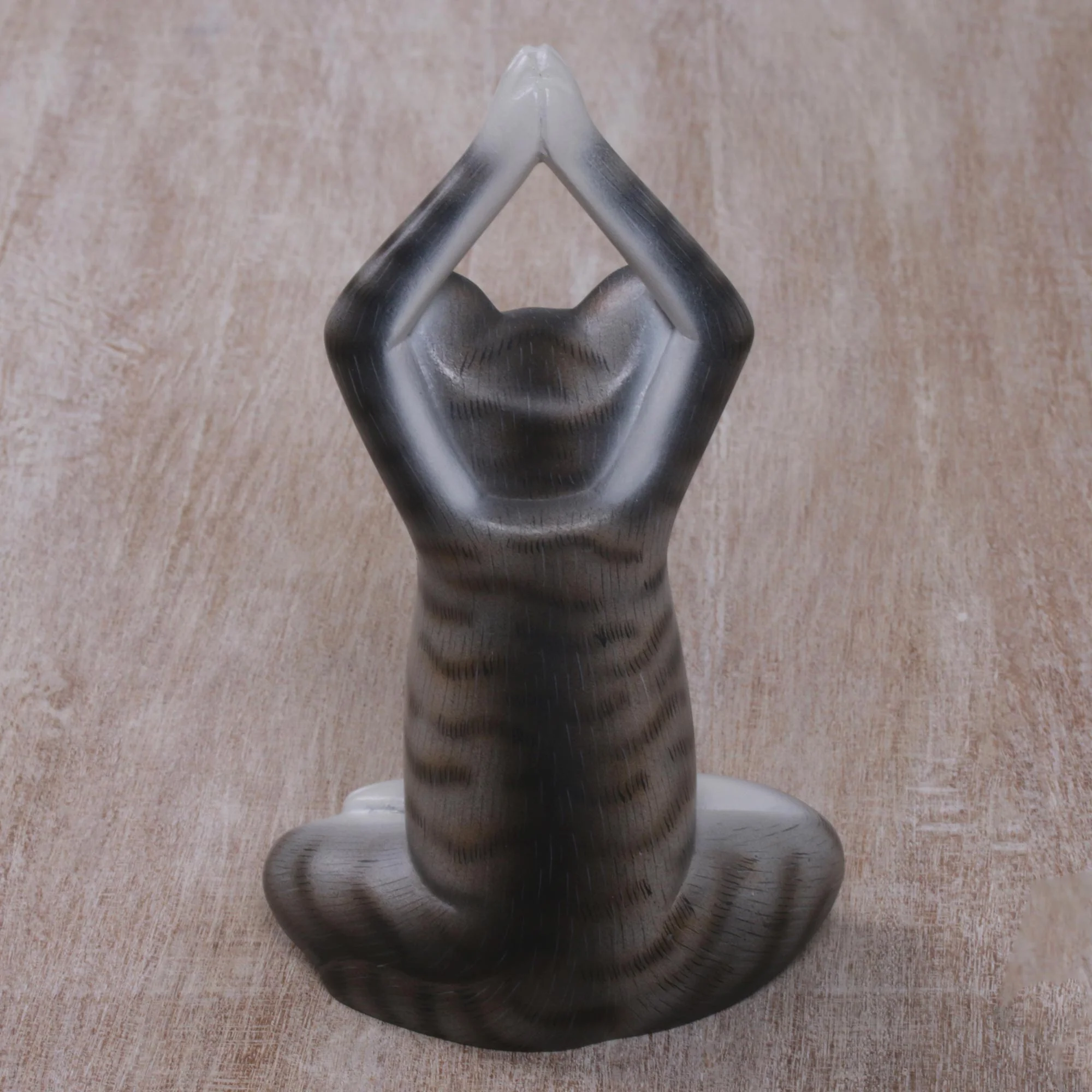 Toward the Sky Grey Yoga Cat Painted Suar Wood Sculpture of a Yoga Cat in Grey from Bali - Image 4