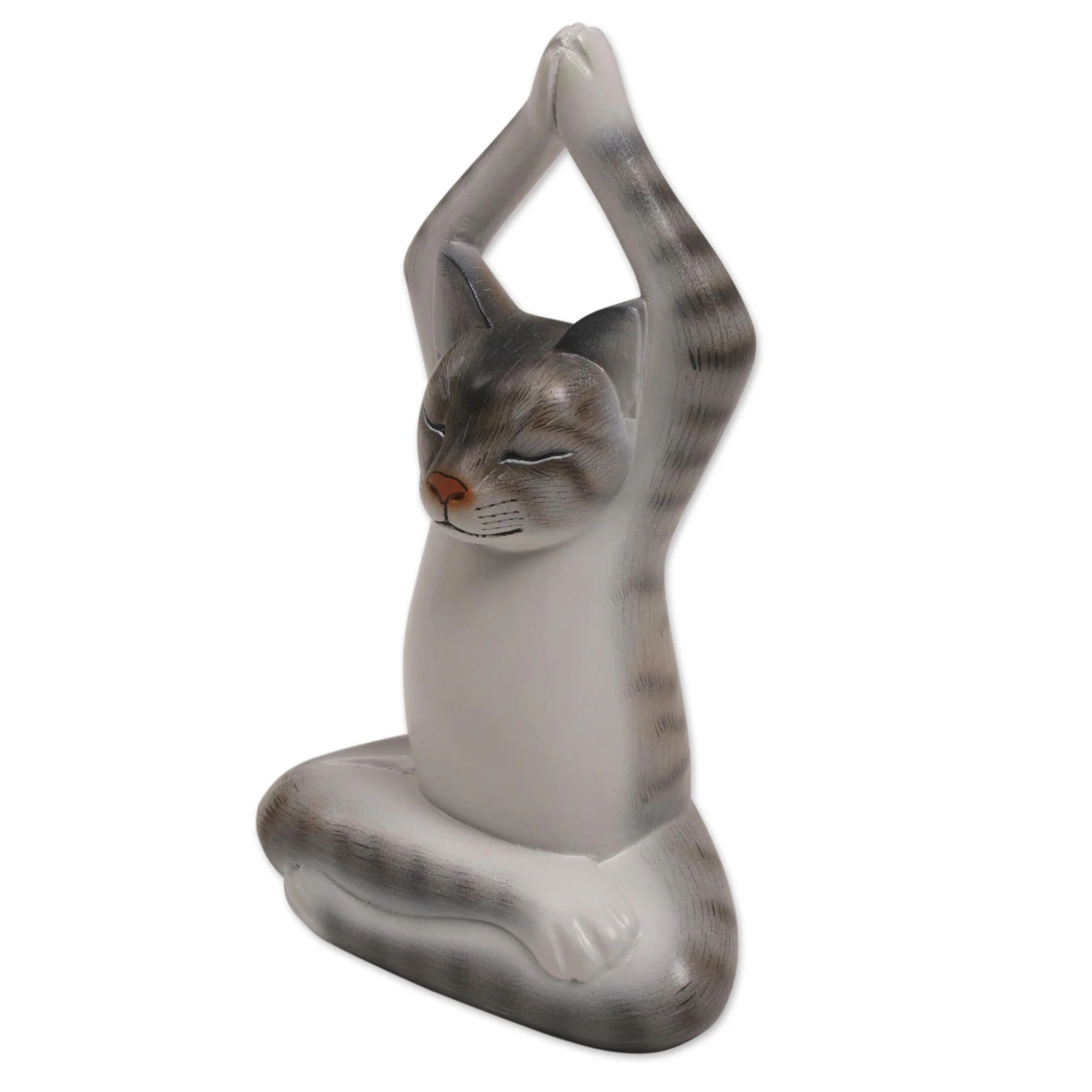 Toward the Sky Grey Yoga Cat Painted Suar Wood Sculpture of a Yoga Cat in Grey from Bali - Image 5
