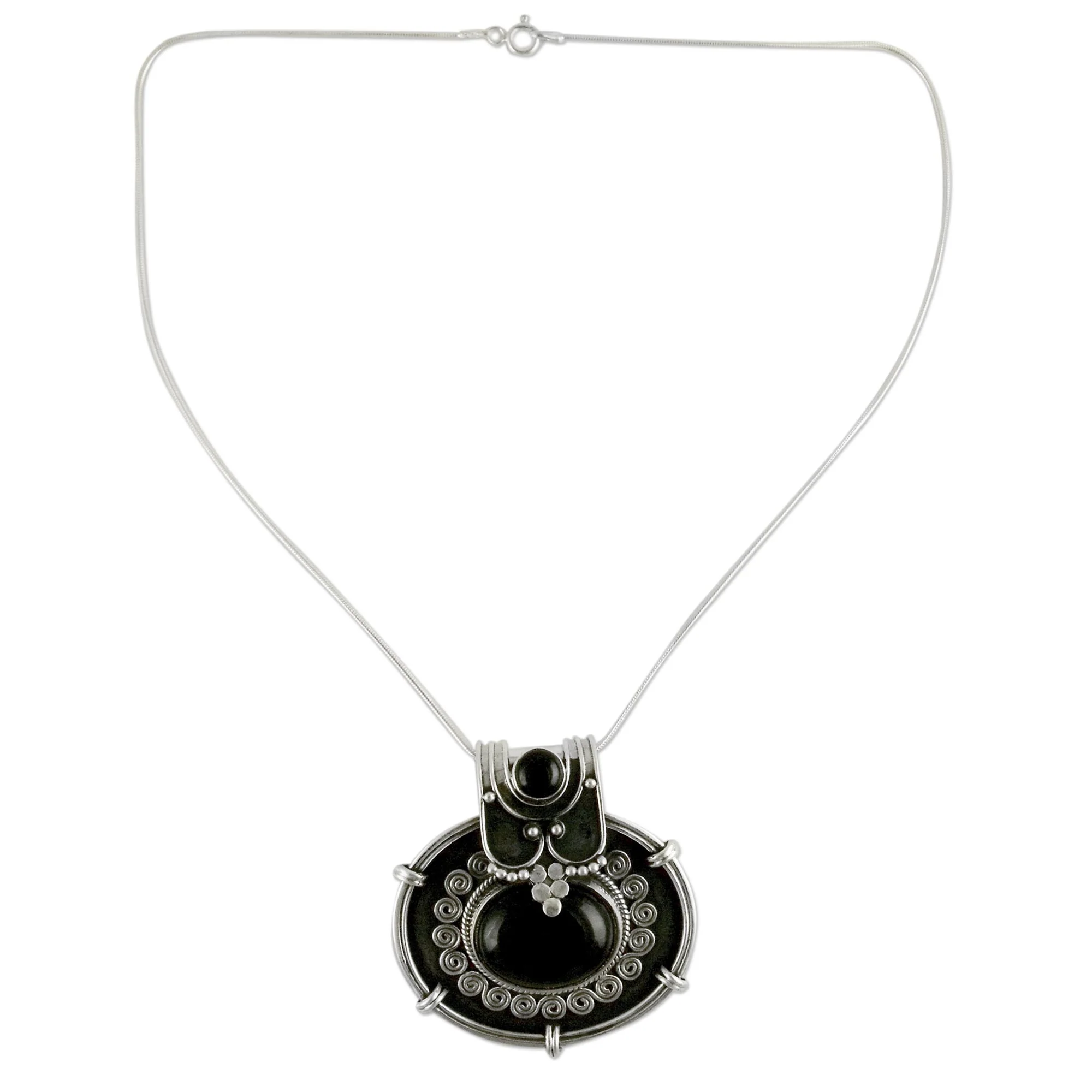 Traditional Chic Onyx Pendant Necklace in Oxidized Sterling Silver from India - Image 2