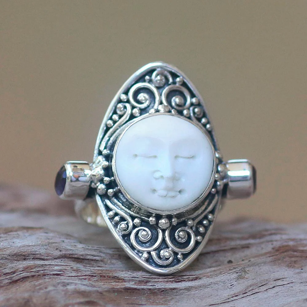 Tranquil Amethyst and Bone Cocktail Ring Crafted in Bali