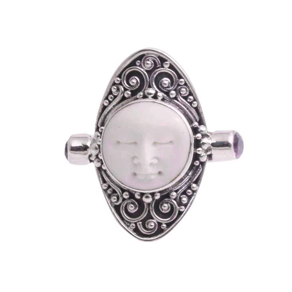 Tranquil Amethyst and Bone Cocktail Ring Crafted in Bali - Image 2